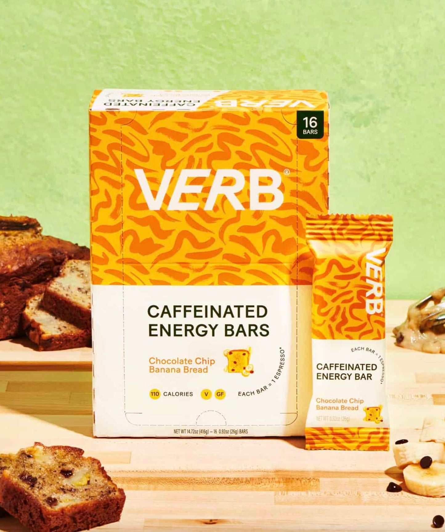 Verb Caffeinated Energy Bars Chocolate Chip Banana Bread (26G, Pack Of 16) 110-Calorie Delicious Energy Bar, Gluten Free On-The Go Snack With 80Mg Green Tea Caffeine, Only Real-Food Ingredients