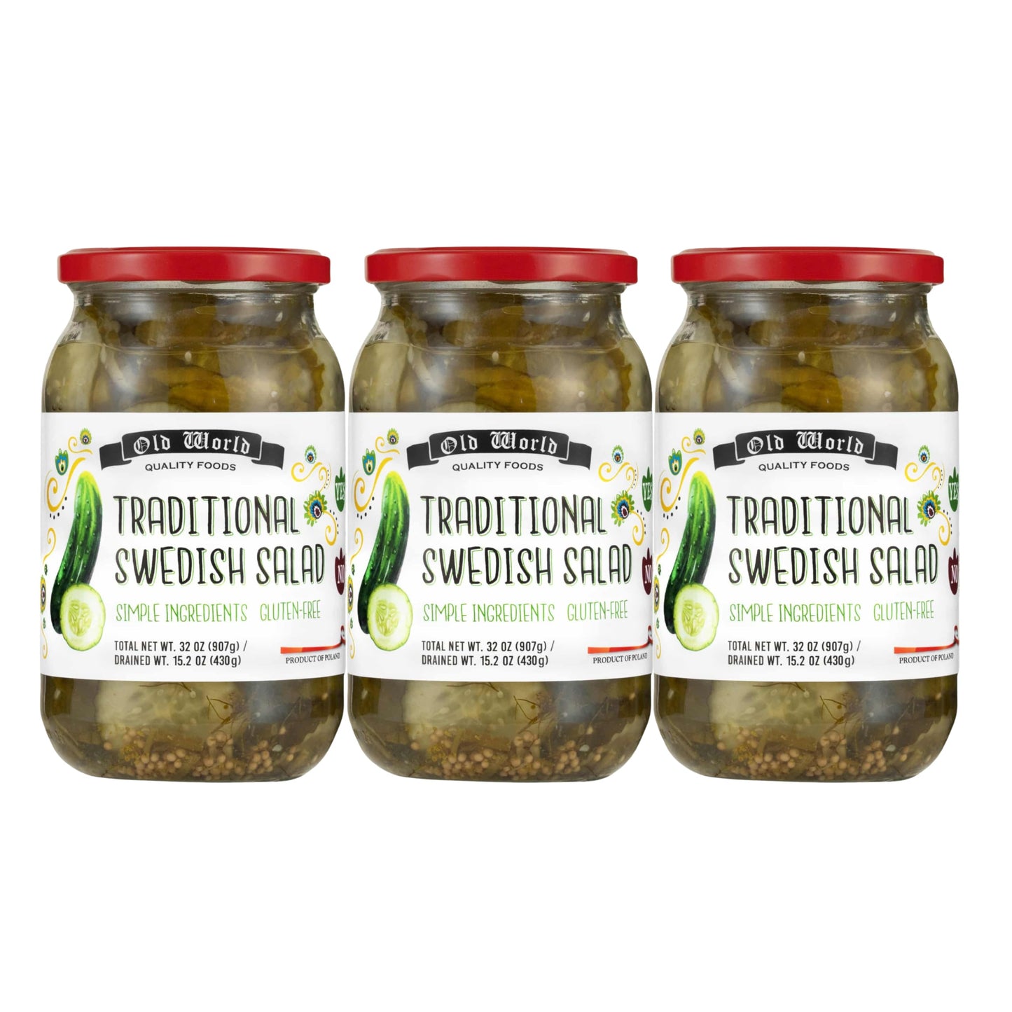 Old World Quality Foods Traditional Swedish Salad, Gluten-Free, Pickled Cucumber Mix, 3 Jar Pack, 32 oz Each, Green