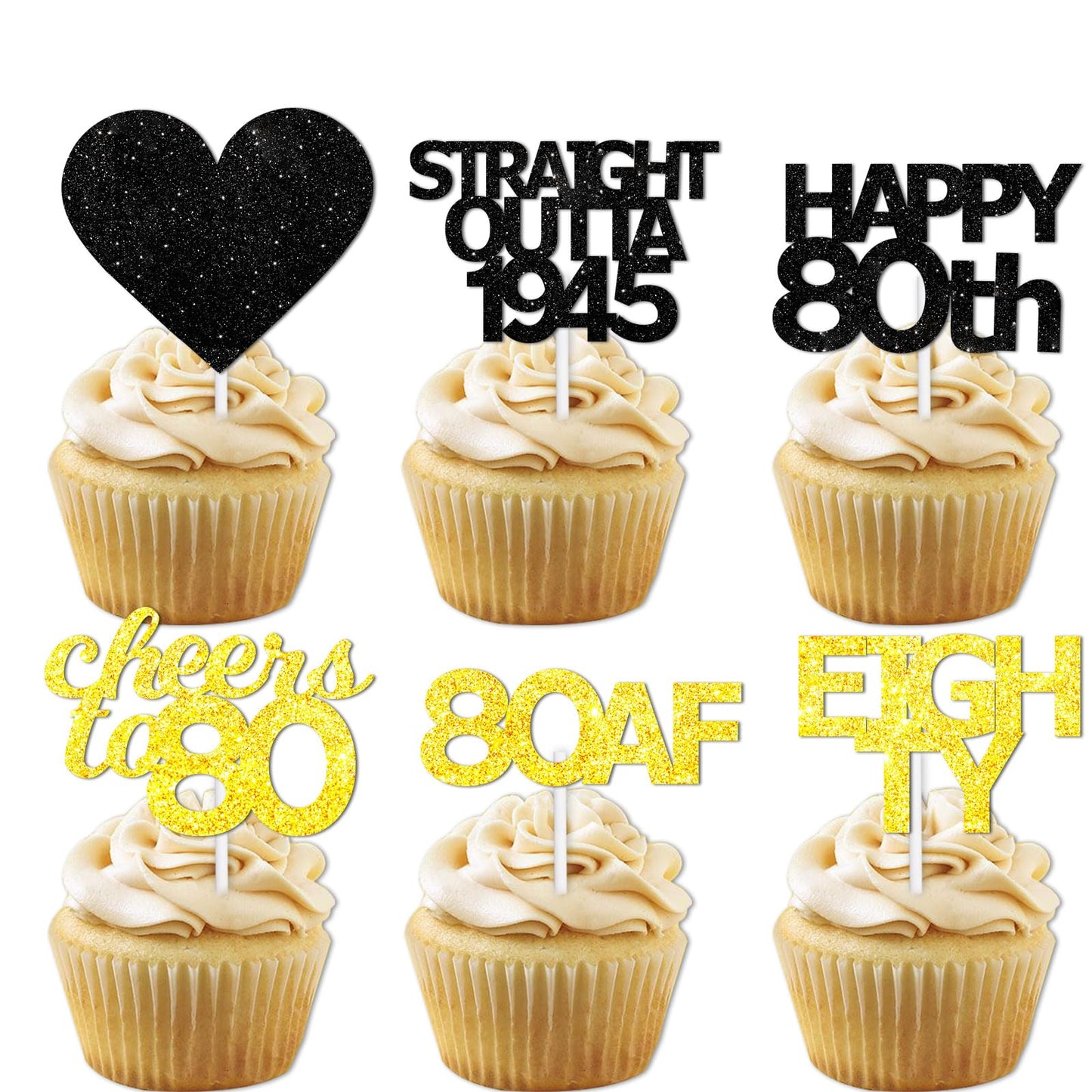 18pcs Black Gold Glitter Dessert Cupcake Pick for Straight Outta 1945 Cheer to 80 Years Old Theme Decor Supplies Happy 80th Birt
