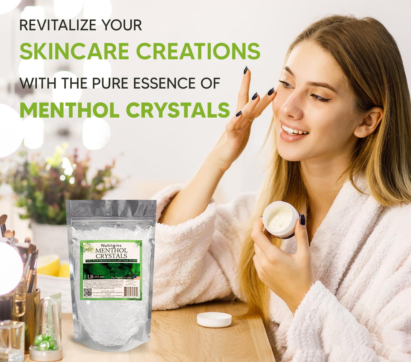 Nutrigins Menthol Crystal 1 Lb - Pure Organic 100% Natural - Menthol Crystals From Mint Crystal Mints Mentha Arvensis - Comes In Resealable Standup Bag For Long-Lasting Freshness