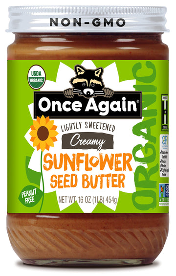 Once Again Organic Creamy Sunflower Butter, Lightly Salted, 16oz, Peanut Free, Vegan, Gluten Free, Kosher, Glass Jar