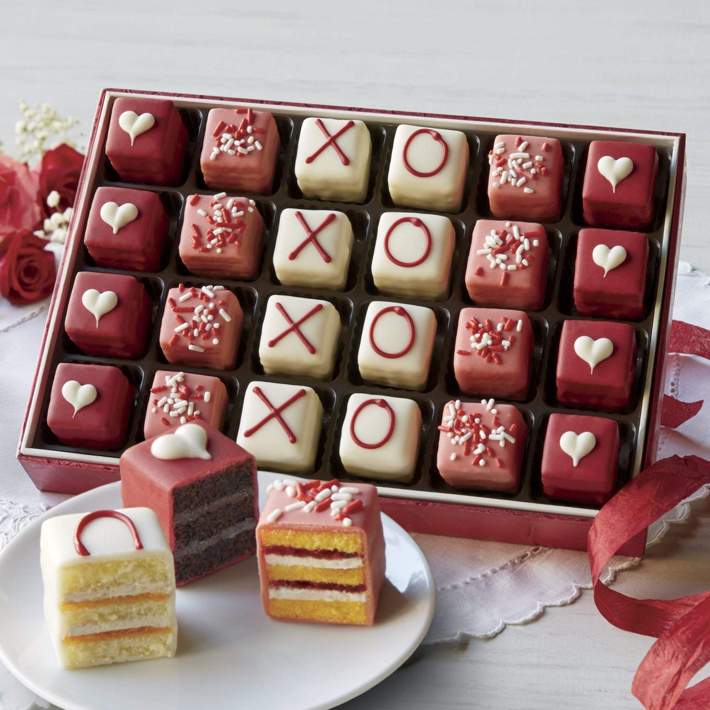 The Swiss Colony Valentine Petits Fours - 24 Gourmet Assorted Mini Layer Cakes, .43 Oz. Each - Chocolate, Strawberry, And Vanill