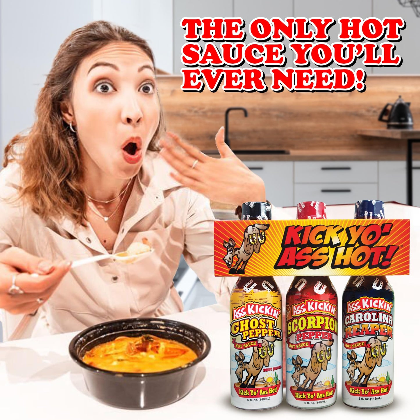 ASS KICKIN Hot Sauce Gift Set - Ghost Pepper, Scorpion, Carolina Reaper - 5 Fl Oz (Pack of 3) - Perfect for Hot Sauce Lovers