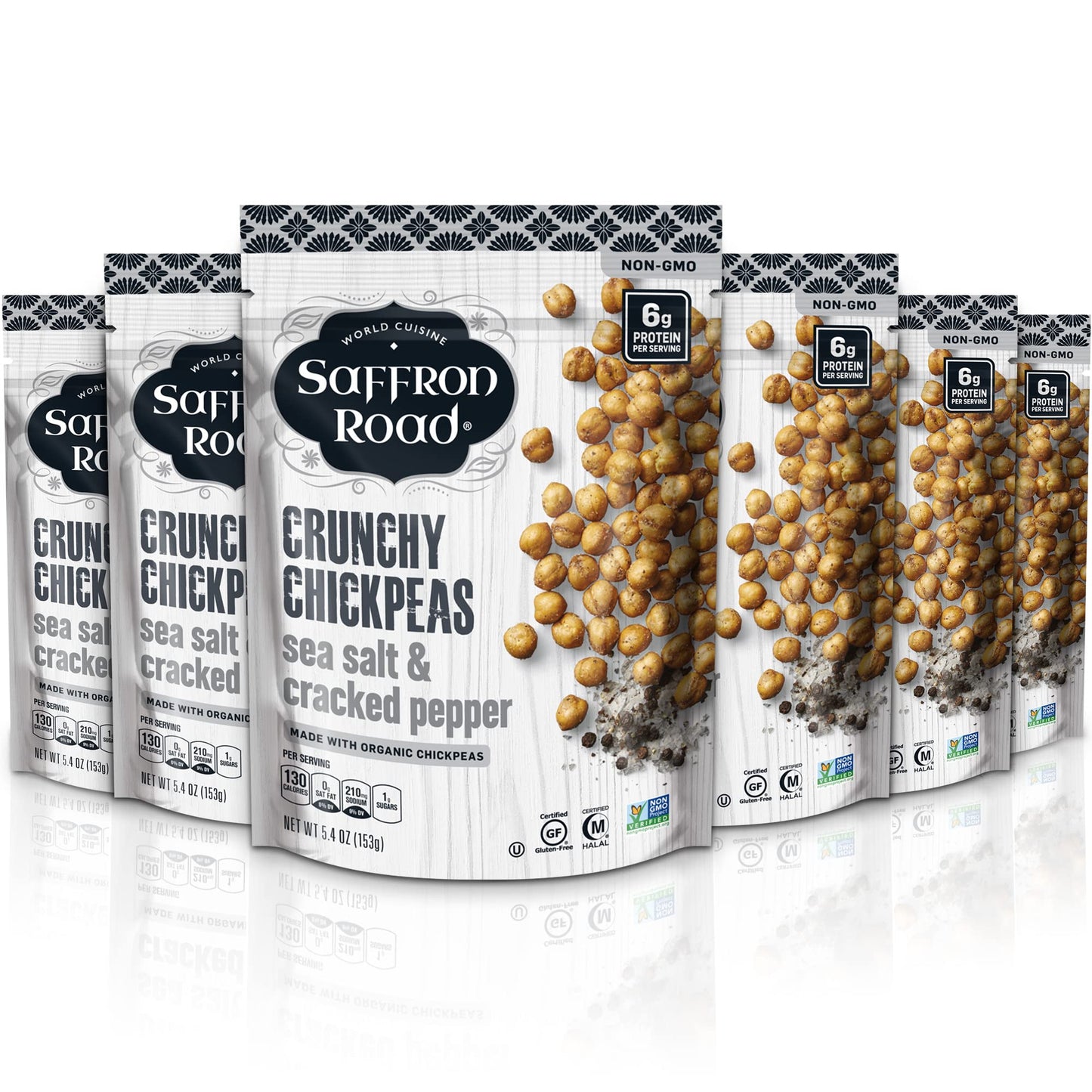 Saffron Road Organic Sea Salt And Cracked Pepper Crunchy Roasted Chickpea Snacks- 5.4Oz 6-Pack, Gluten Free, Non-Gmo, Vegan Drie