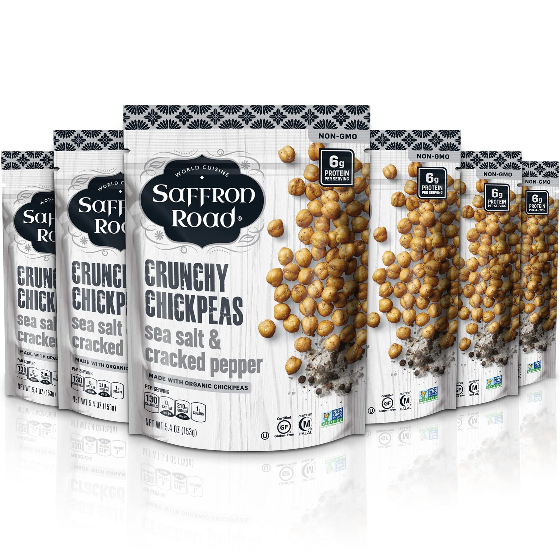Saffron Road Organic Sea Salt And Cracked Pepper Crunchy Roasted Chickpea Snacks- 5.4Oz 6-Pack, Gluten Free, Non-Gmo, Vegan Drie