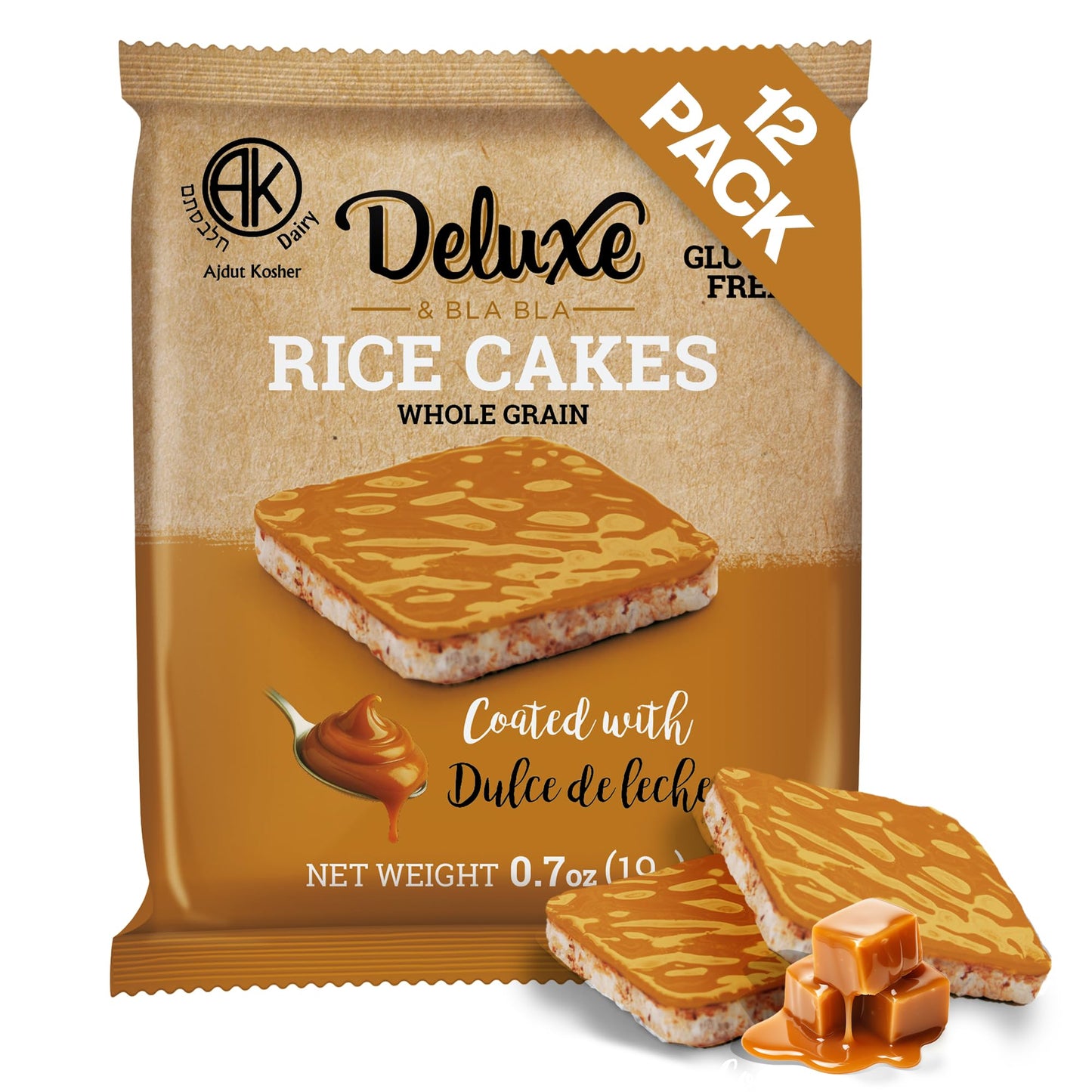 Deluxe & Bla Bla Rice Cakes 12 Pack - Whole Grain, Gluten-Free, Kosher, Low-Calorie Snack - Coated with dulce de leche - Healthy