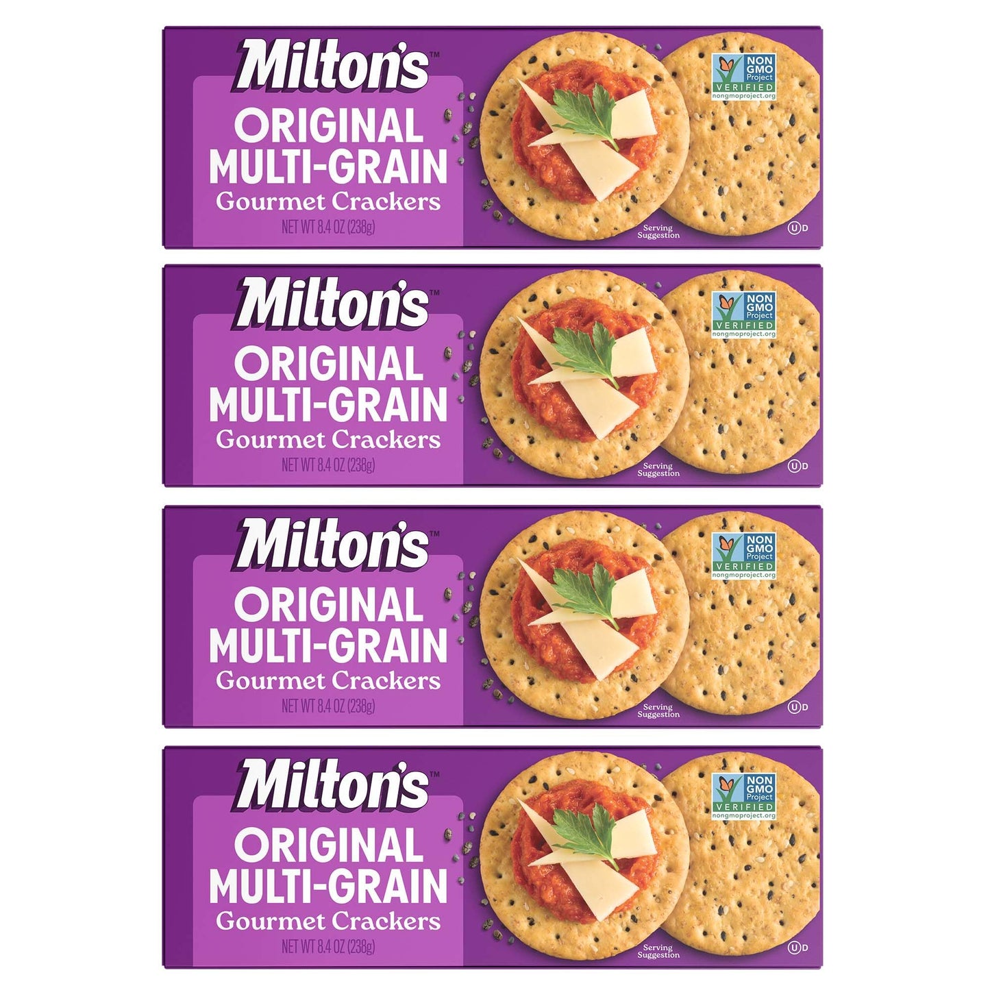 Miltons Gourmet Crackers (Multi-Grain). Multi Pack of Multi-Grain Non-GMO Baked Crackers (Pack of 4, 8.3 oz box).