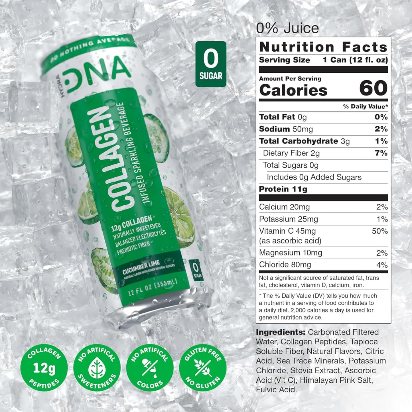 HYDRADNA Sparkling Liquid Collagen Protein Water - Sugar-Free, Keto-Friendly - 12 Fl Oz (Pack of 12) - Cucumber Lime Flavor