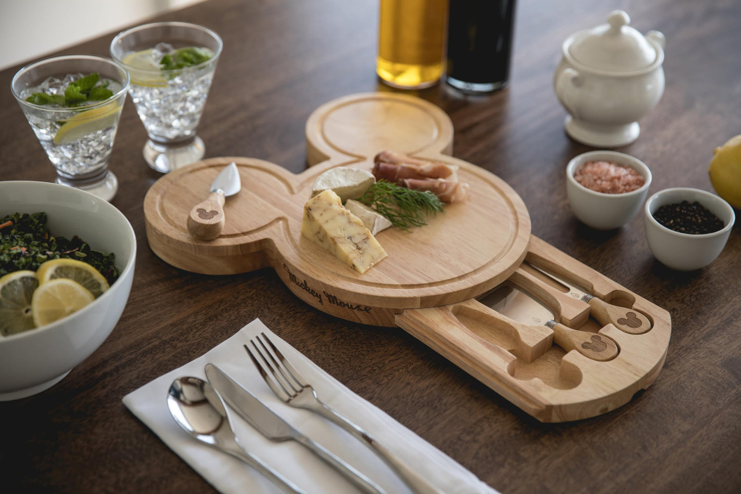 Picnic Time Disney Mickey Mouse Head Cheese & Charcuterie Board Set, Parawood Cutting Board With Hidden Drawer & 3 Cheese Cutting Tool, Fun Disney Gift, Party Platter, Picnic Set & Kitchen Serving Tray