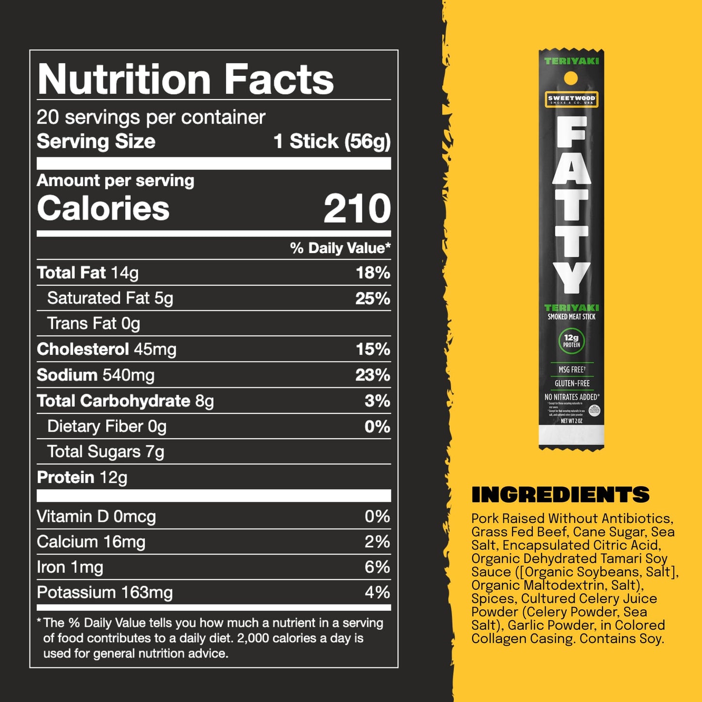 American Made Sweetwood Smokehouse FATTY Meat Sticks, Grass-Fed Beef, Teriyaki Flavor, 2 Ounce (Pack of 20), Gluten Free, Low Carb