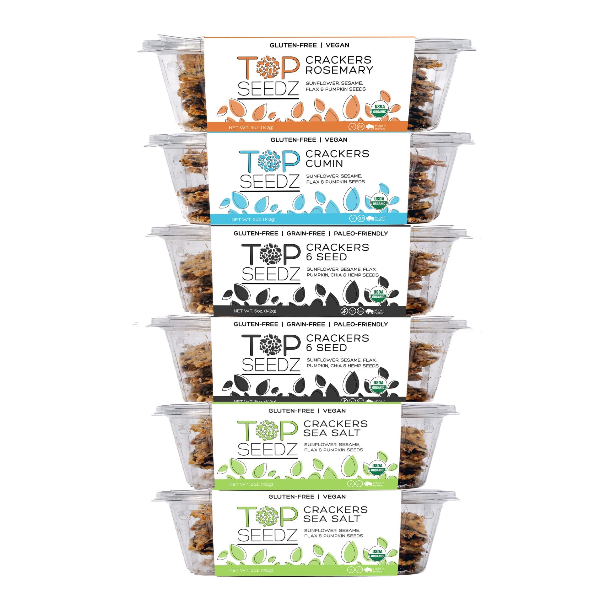 Top Seedz Certified Organic Gluten Free Savory Sensation Seed Crackers | 6-Pack | 5 Ounces | Healthy Vegan Crackers With Plant B