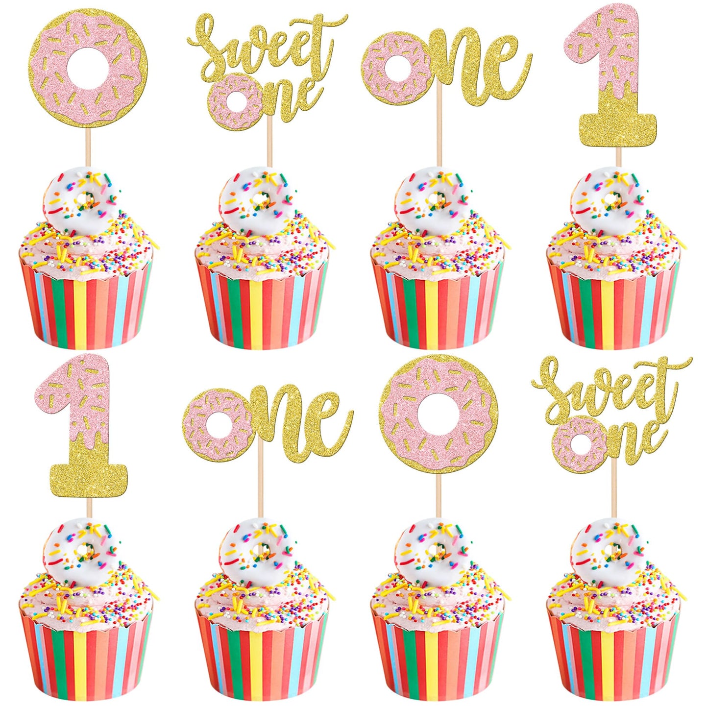 24 PCS Donut One Cupcake Toppers Glitter Sweet One Donut Cupcake Picks Donut 1st Birthday Party Decorations for Sweet One Donut 