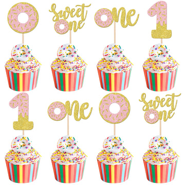 24 PCS Donut One Cupcake Toppers Glitter Sweet One Donut Cupcake Picks Donut 1st Birthday Party Decorations for Sweet One Donut 