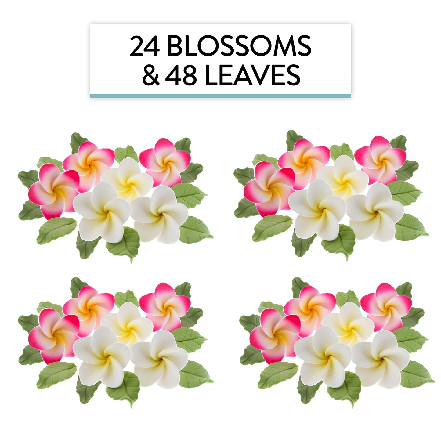 Global Sugar Art Tropical Frangipani Plumeria Edible Sugar Flower Blossoms, Wedding Cake & Cupcake Flowers with Leaves, 24 Count