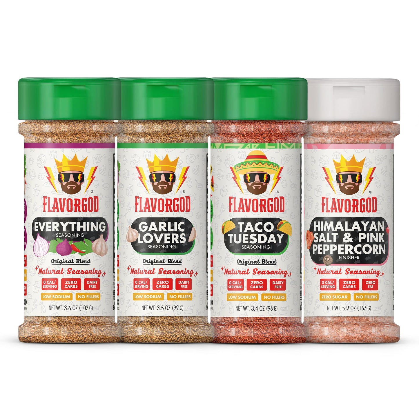 Flavor God Keto Combo Herb & Spice Gift Pack, 4 Natural Seasonings for Chicken, Beef, Seafood, & Vegetables, Model 1AFN-CP-KTO-4EVGLTTH