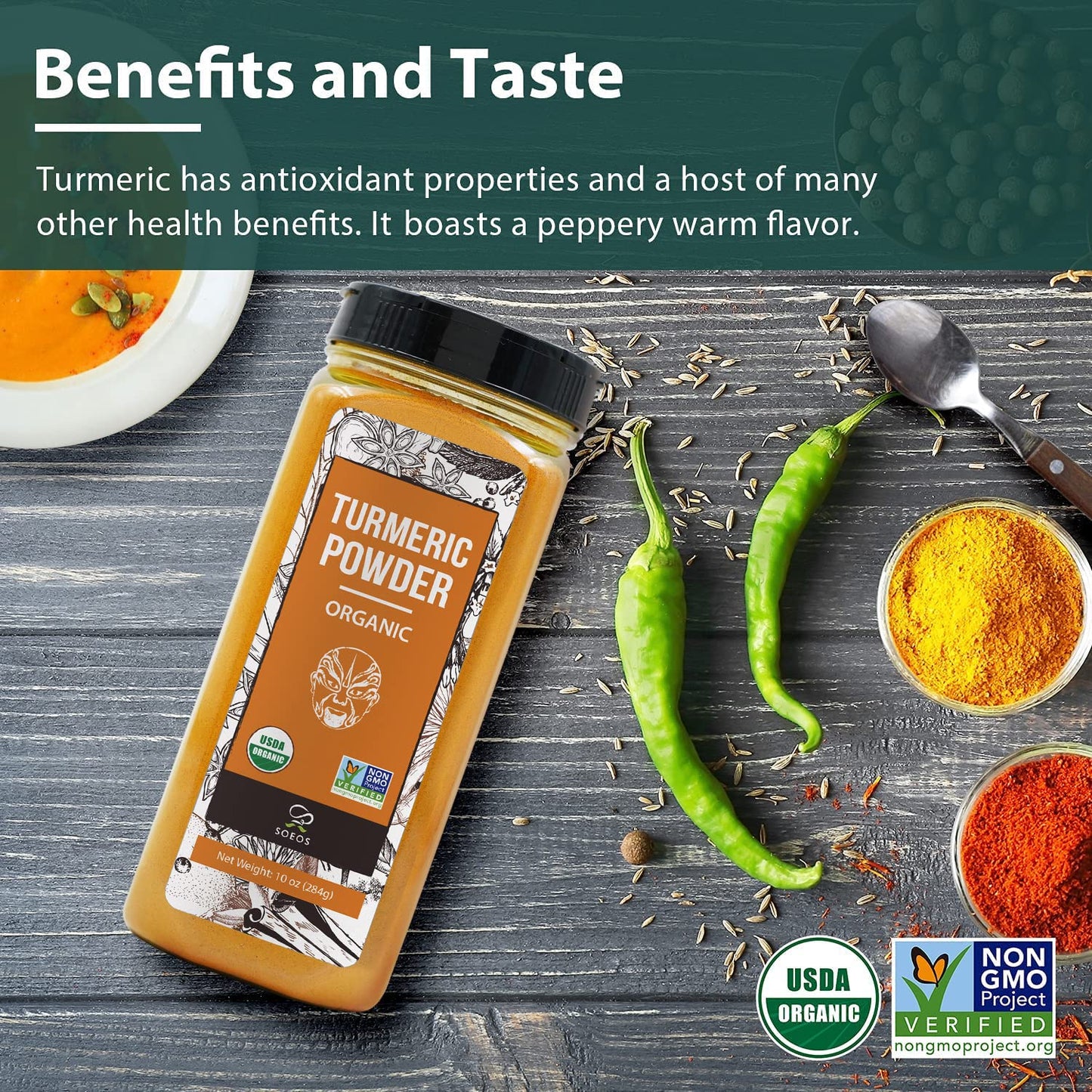 Soeos Organic Turmeric Powder 10Oz (284G), Non-Gmo Verified, Usda Organic, Natural Curcumin, Lab Tested For Purity, Sealed Package To Keep Turmeric Fresh
