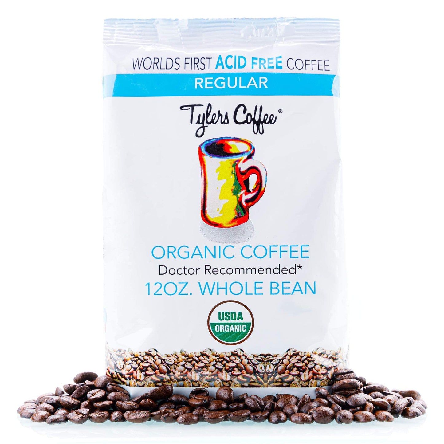 Tylers Acid Free Organic Whole Beans - 100% Arabica Full Flavor - Caffeinated No Bitter Aftertaste - For Acid Free Diets- Natura