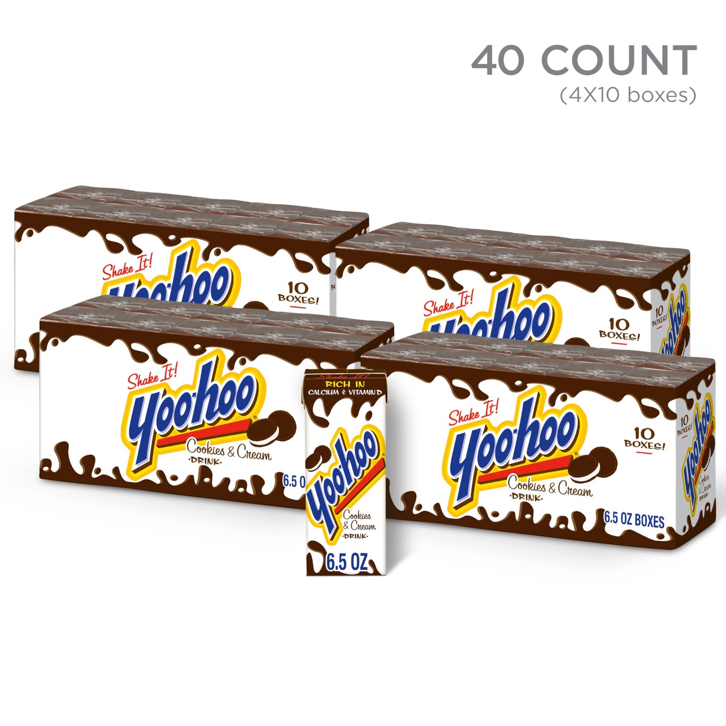 Yoo-Hoo Cookies and Cream Drink, 6.5 fl oz, 40 Pack (4 Packs of 10)