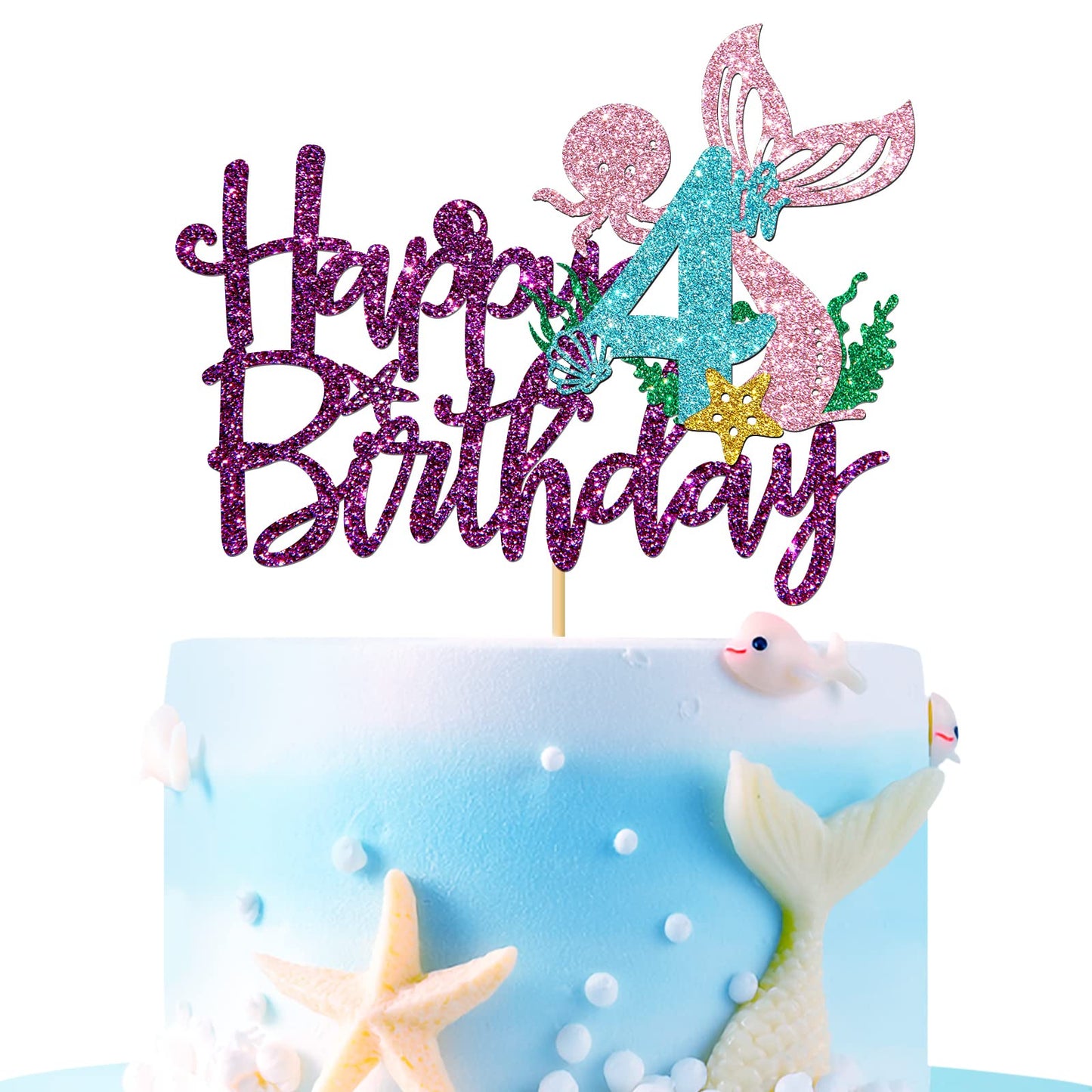 Roadsea Mermaid Happy 4Th Brithday Cake Topper - Under The Sea Theme Girl Kid Four Birthday Cake Supplies/Ocean World 4Th Mermai