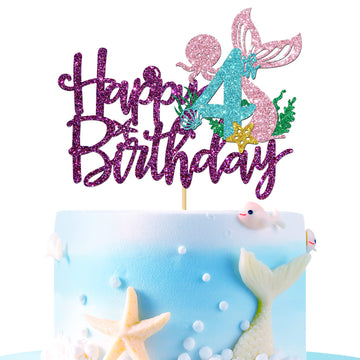 Roadsea Mermaid Happy 4Th Brithday Cake Topper - Under The Sea Theme Girl Kid Four Birthday Cake Supplies/Ocean World 4Th Mermai