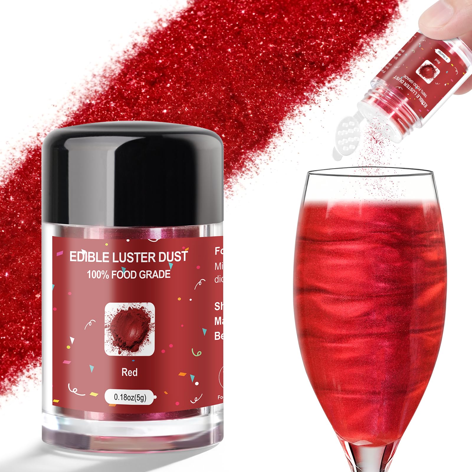CRPTHE Red Luster Dust Edible 5g, Edible Glitter for Drinks, Food Grade Glitter Shimmer Sprinkle Powder for Cocktails, Baking, B