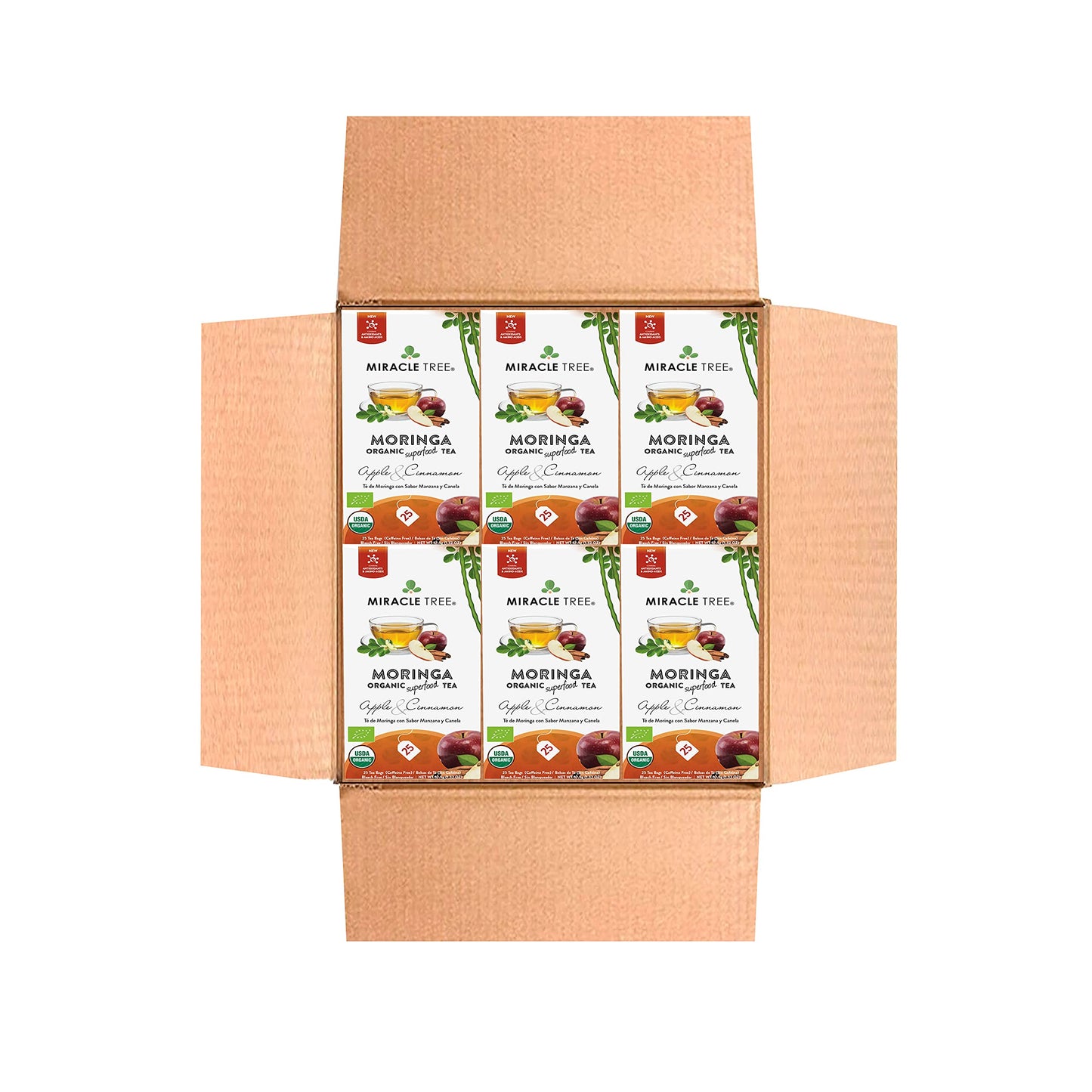 Miracle Tree Organic Moringa Superfood Tea, Apple & Cinnamon, 25 Individually Sealed Tea Bags, 6 Count Pack, Vegan, Gluten-Free, Caffeine-Free