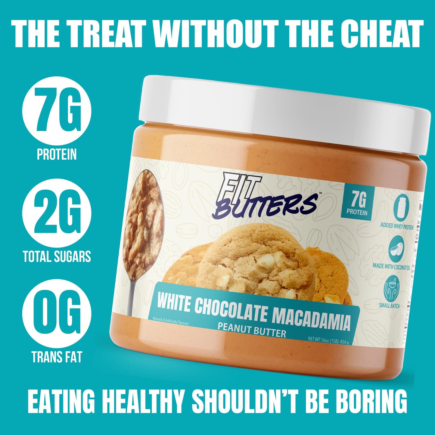 Fit Butters White Chocolate Macadamia Peanut Butter - Added Protein And Coconut Oil, Low Carb, Low Sugar, Complete Protein Desse