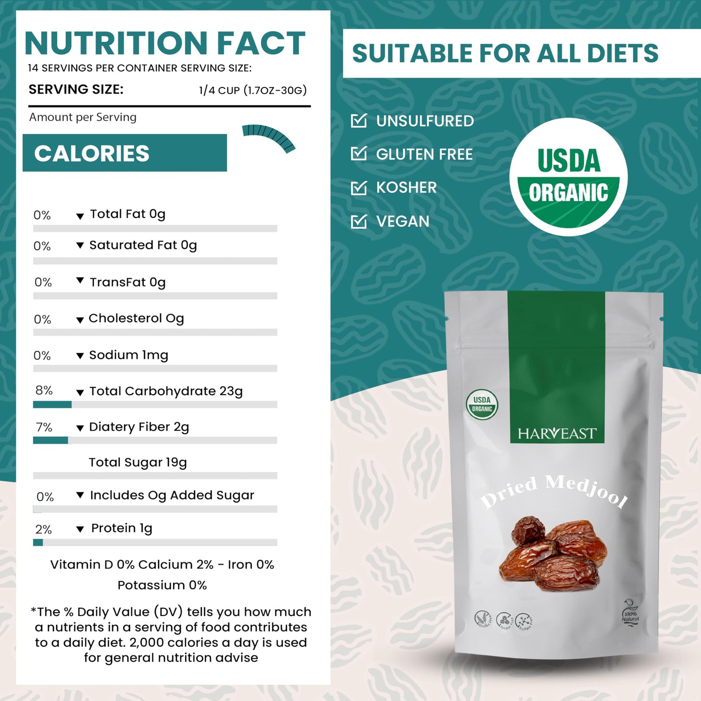 Harveast Organic Medjool Dates - California Grown Jumbo Dates, Naturally Sweet, Healthy Snacking, Caramel Flavor, Pesticide, Fre