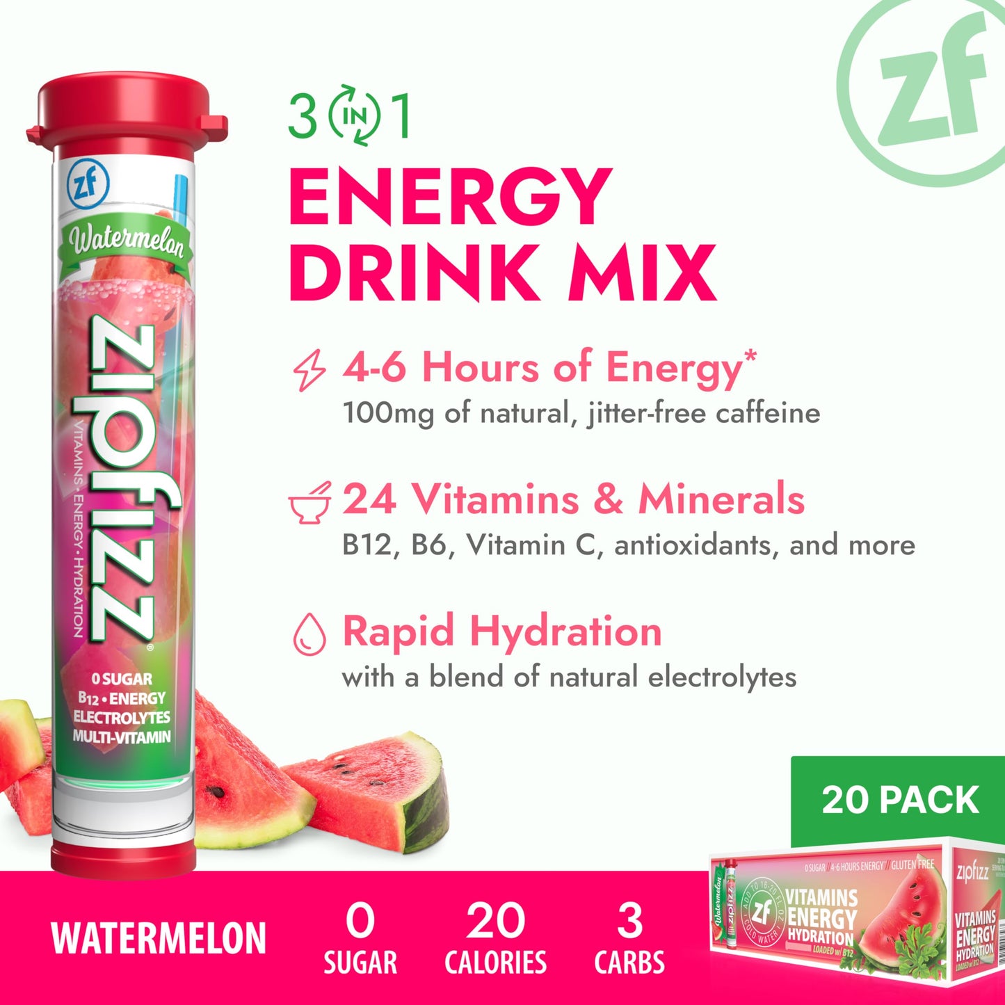 Zipfizz Daily Energy Drink Powder, Sugar-Free, Electrolyte Powder, 20 Pack, Watermelon, Contains Vitamin B-12 & Antioxidants