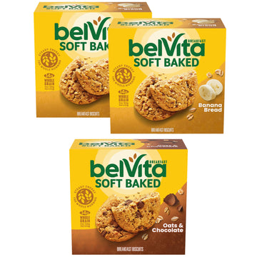 belVita Soft Baked Breakfast Bars Variety Pack, Banana Bread and Oats & Chocolate, 3 Boxes of 5 Packs (1 Biscuit Per Pack)