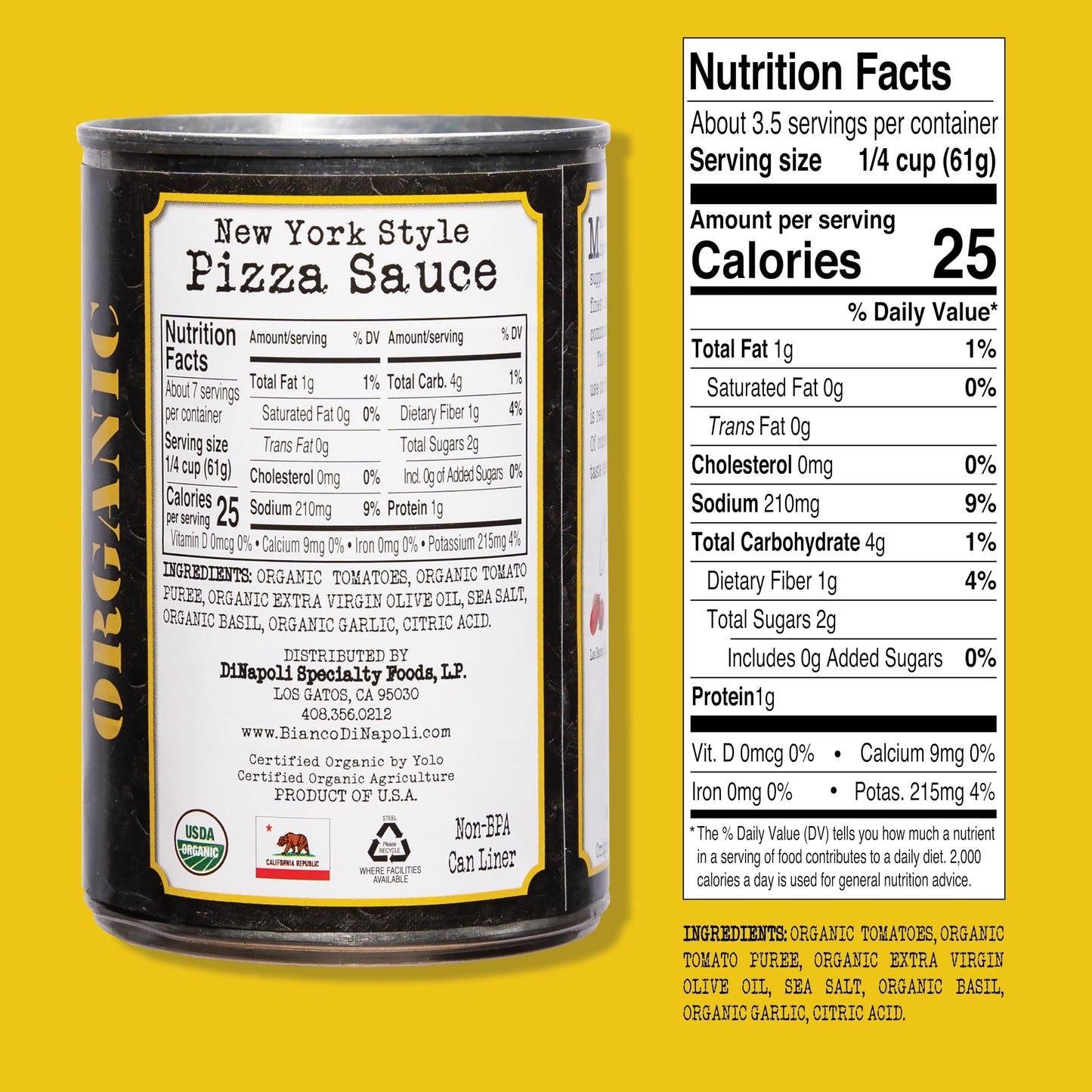 Bianco DiNapoli Organic NY Style Pizza Sauce  15 Oz (Pack of 8)  Vine Ripened California Grown Tomatoes  with Garlic  Spices  & Extra Virgin Olive Oil  Perfect for Homemade Pizza