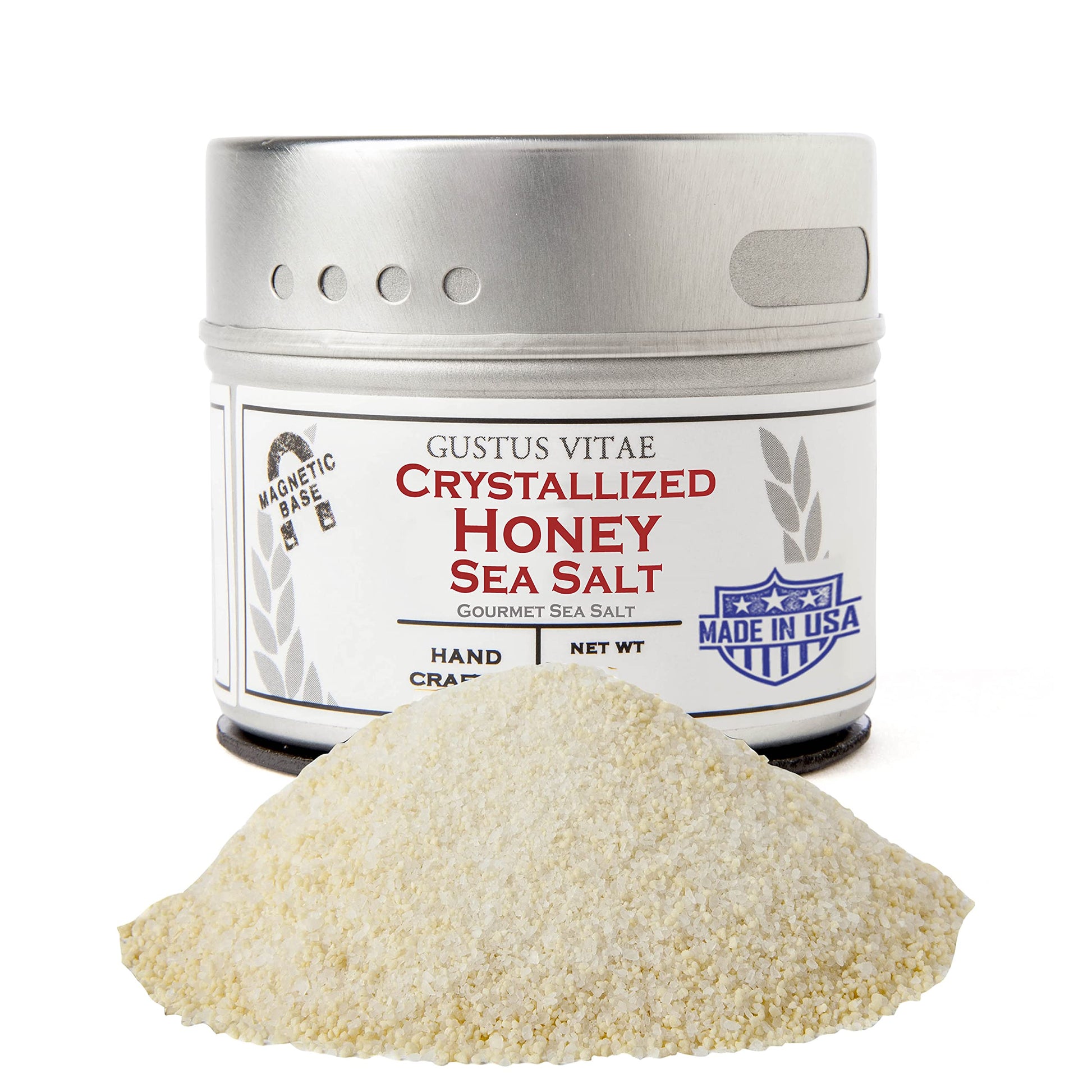 Crystallized Honey Sea Salt | Non GMO Verified | Magnetic Tin | 3.0oz | Finishing Salt | Crafted in Small Batches by Gustus Vita