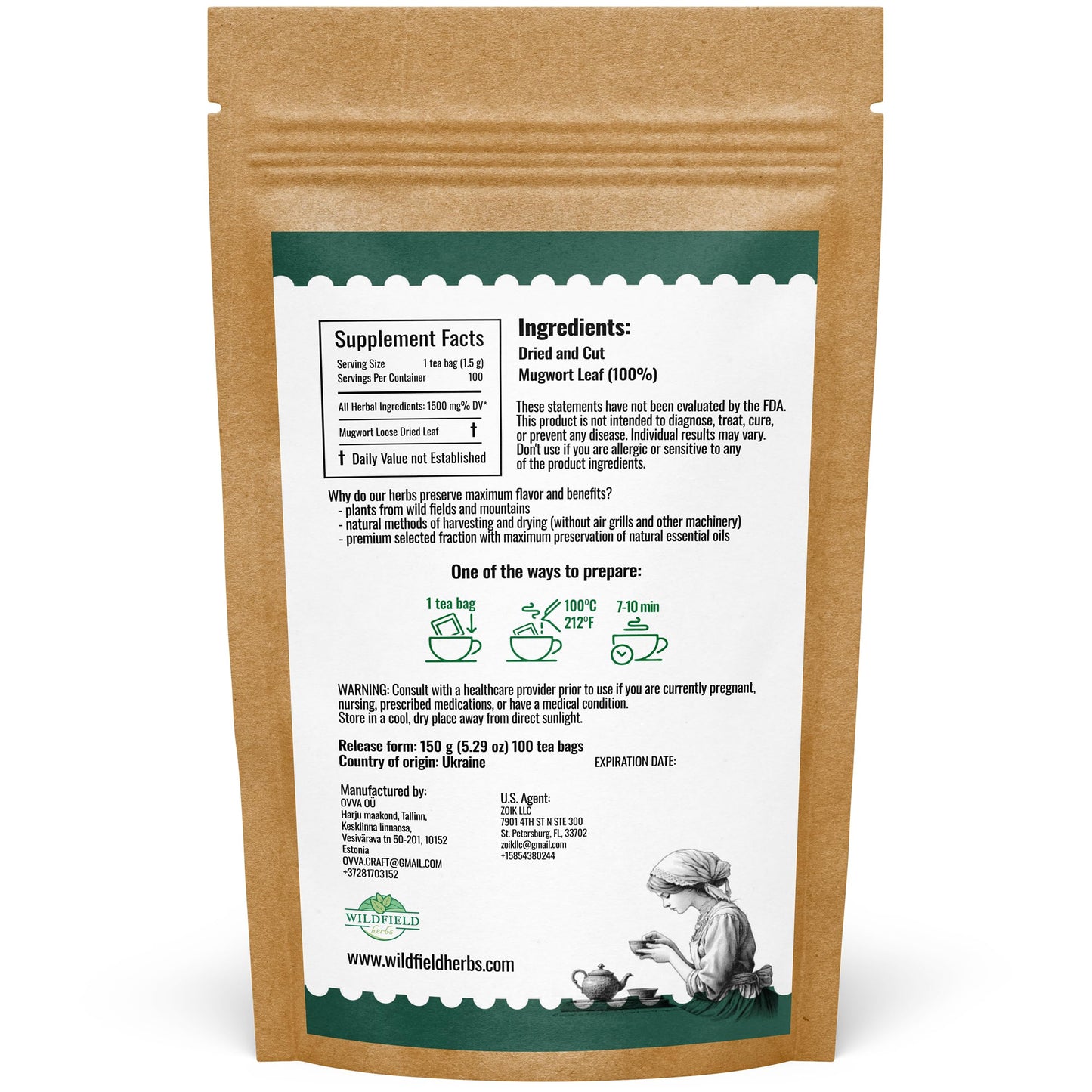 WILDFIELD HERBS 100 Bags Dried Mugwort Tea (Artemisia Vulgaris) - Herbal Tea for Relaxation, 1.5g Each, 100 Count