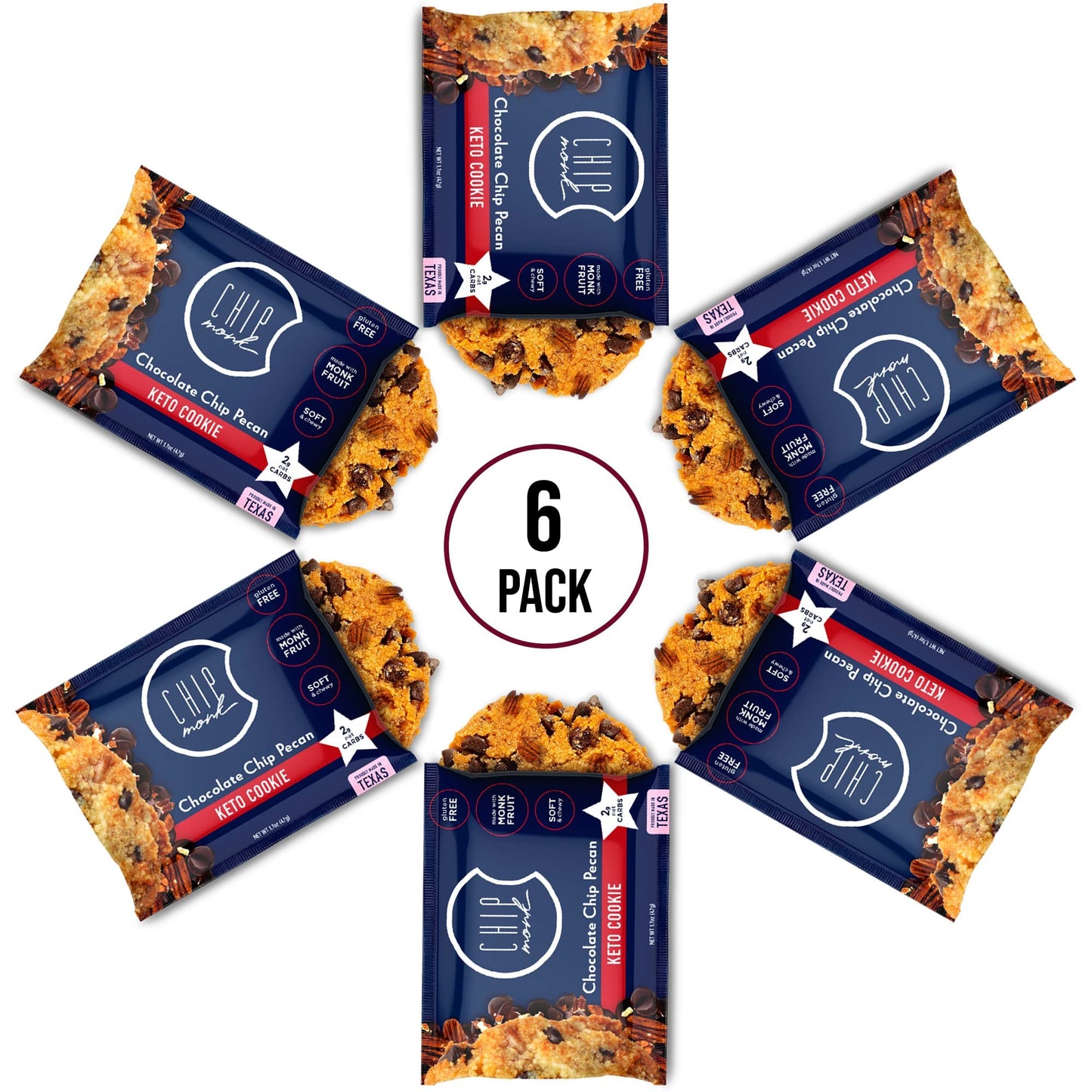 ChipMonk Keto Cookies - Chocolate Chip Pecan (6 Pack) Low Carb Keto Snacks - Gluten-Free, High Fat, Low Sugar, Ketogenic Sweet S