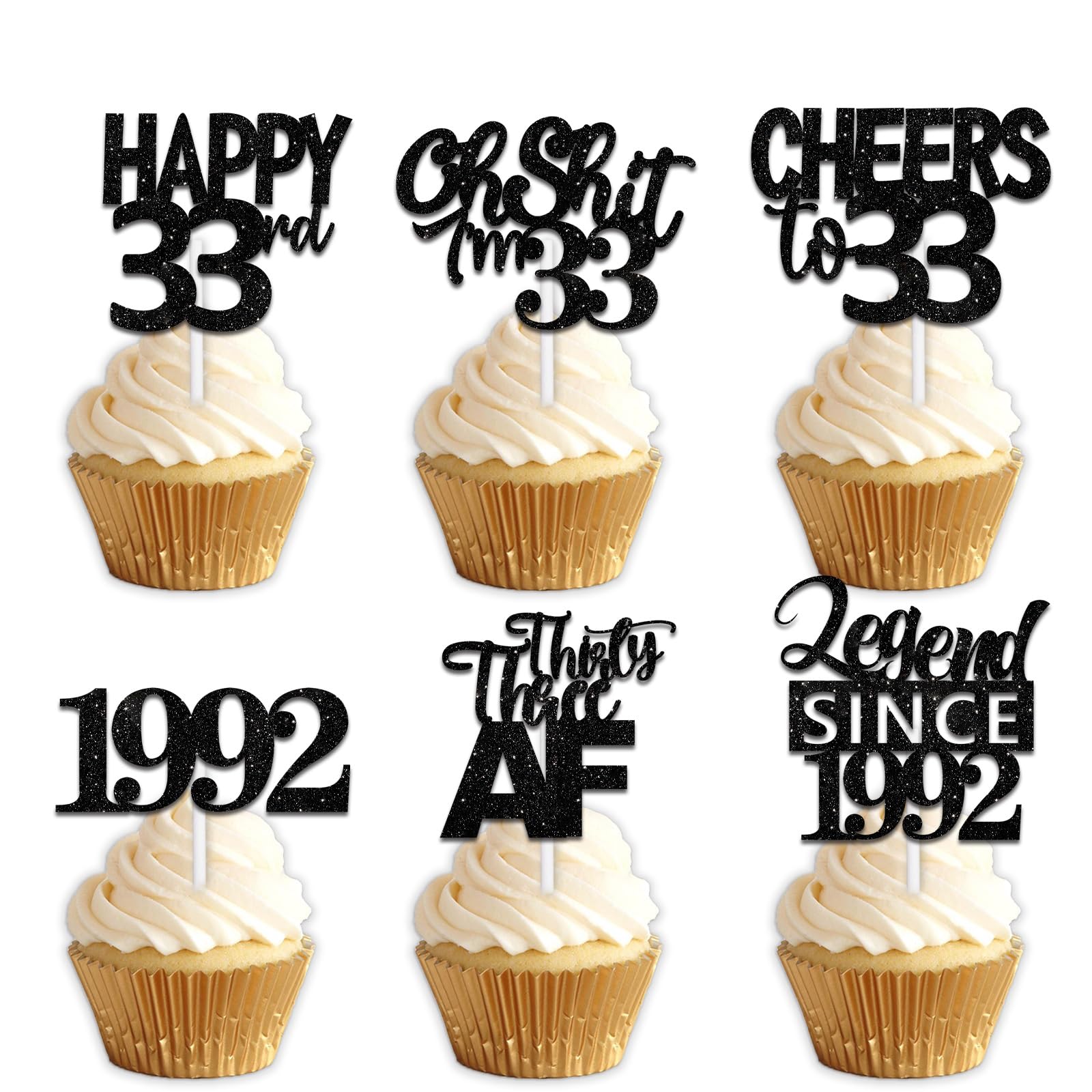 18pcs Black Glitter Happy 33rd Dessert Cupcake Topper Pick for Funny Legend Since 1992 Theme Decor Supplies Men Women Happy 33 B