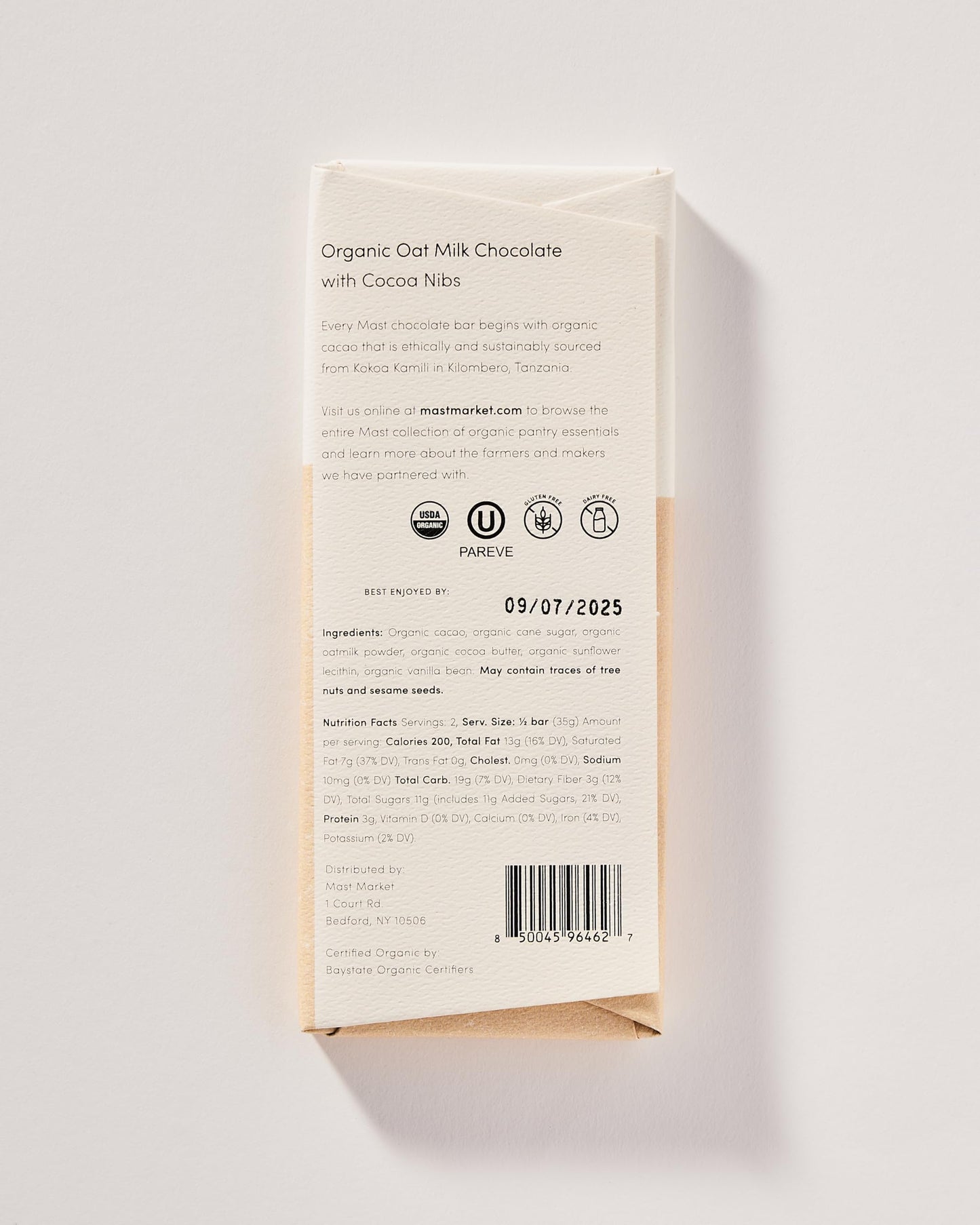 Mast Chocolate Bars | 6 Pack | Organic, Kosher | Classic 2.5Oz Each (6 Bars, Organic Oat Milk Chocolate With Cocoa Nibs)
