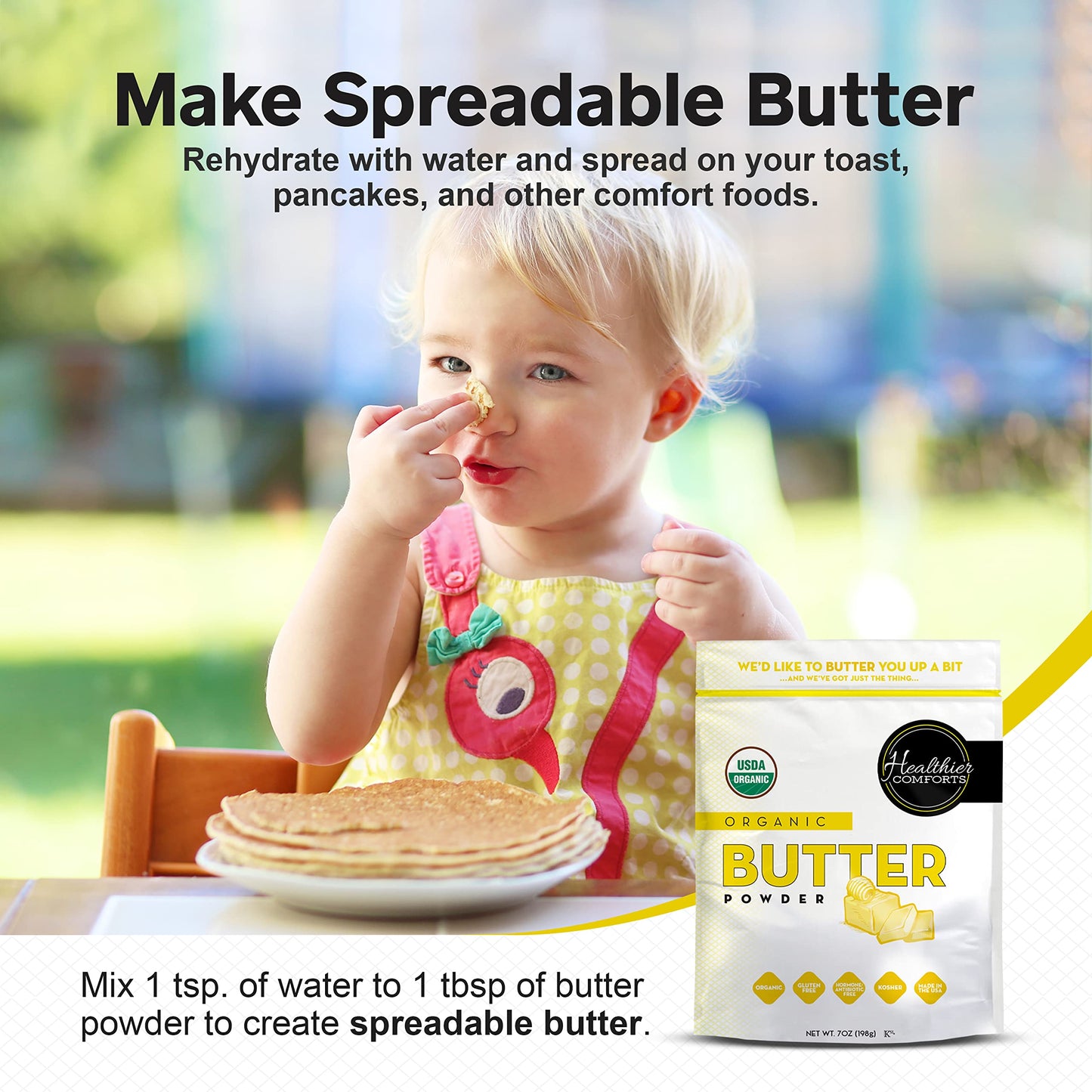 Healthier Comforts Organic Butter Powder | USDA Certified Organic Dehydrated Unsalted Butter | Kosher, Gluten Free, Non-GMO | Po