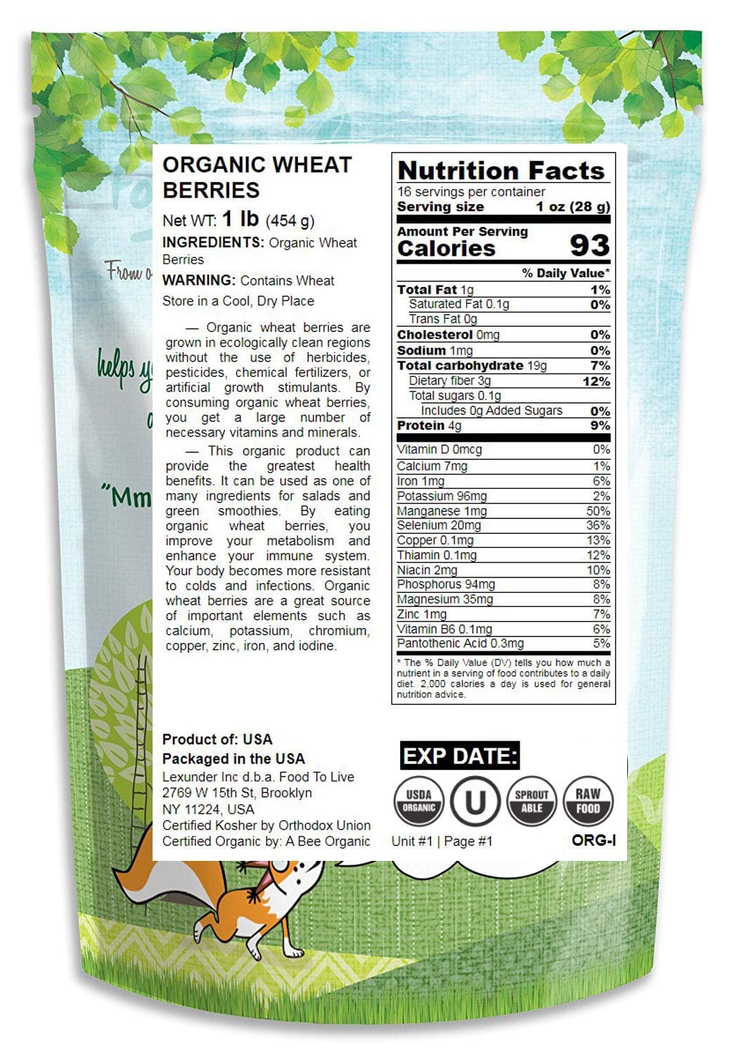 Food to Live - Organic Hard Red Wheat Berries, 1 Pound Non-GMO, Kosher, Raw, Sproutable, Vegan, Sodium and Sugar Free