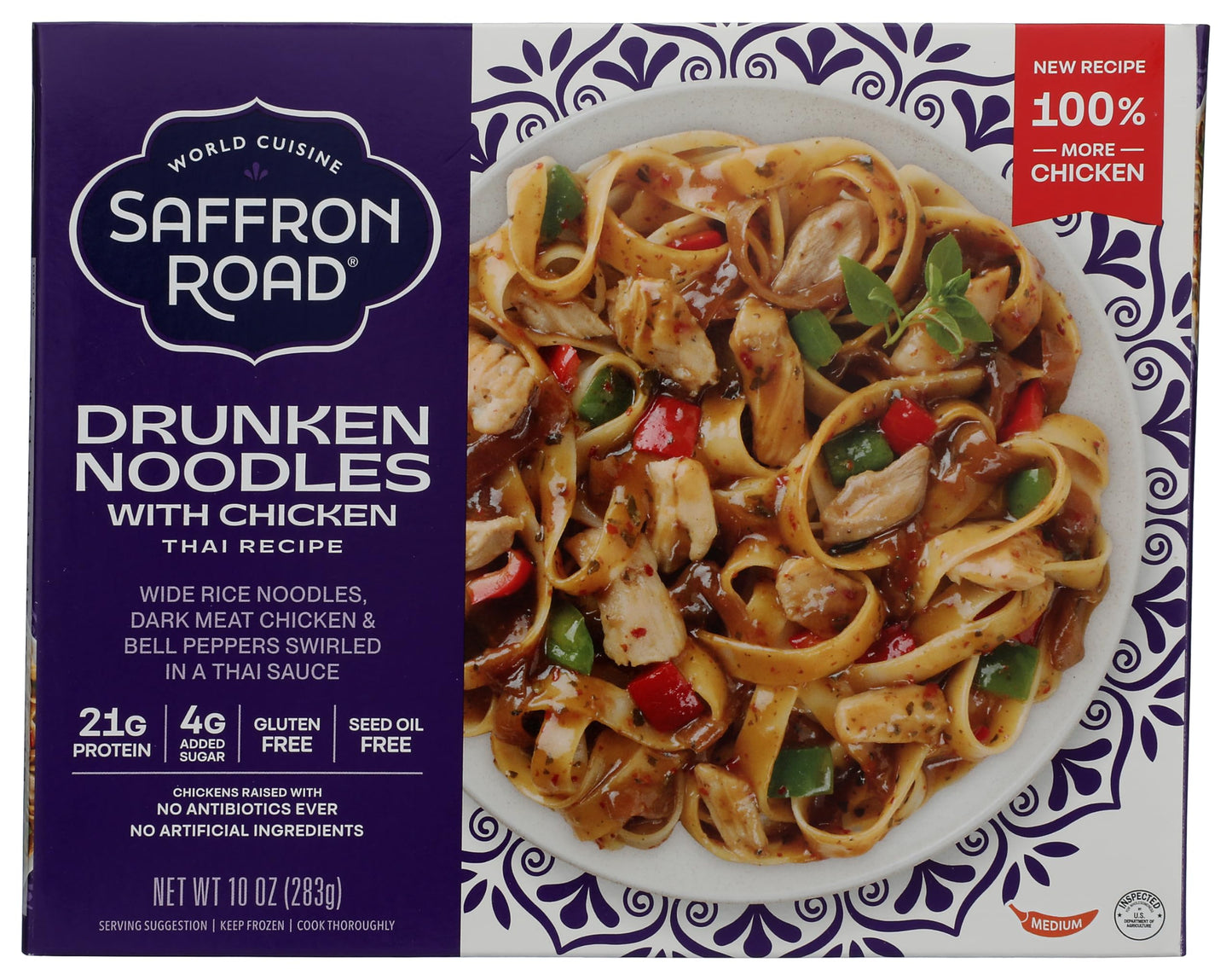 Saffron Road Frozen Drunken Noodles with Chicken - High Protein, Seed Oil Free, Chickens Raised with no Antibiotics, No Artifici