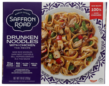 Saffron Road Frozen Drunken Noodles with Chicken - High Protein, Seed Oil Free, Chickens Raised with no Antibiotics, No Artifici