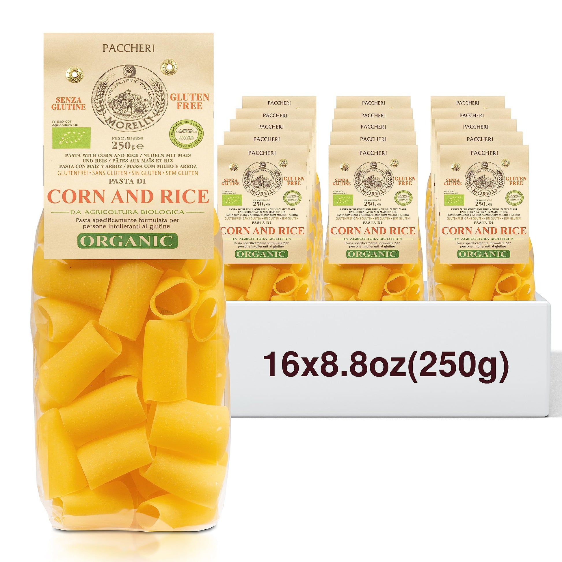 Morelli Organic Gluten-Free Pasta Paccheri, 8.8 oz (Pack of 16), Made from Corn and Rice, Imported from Italy, Gold