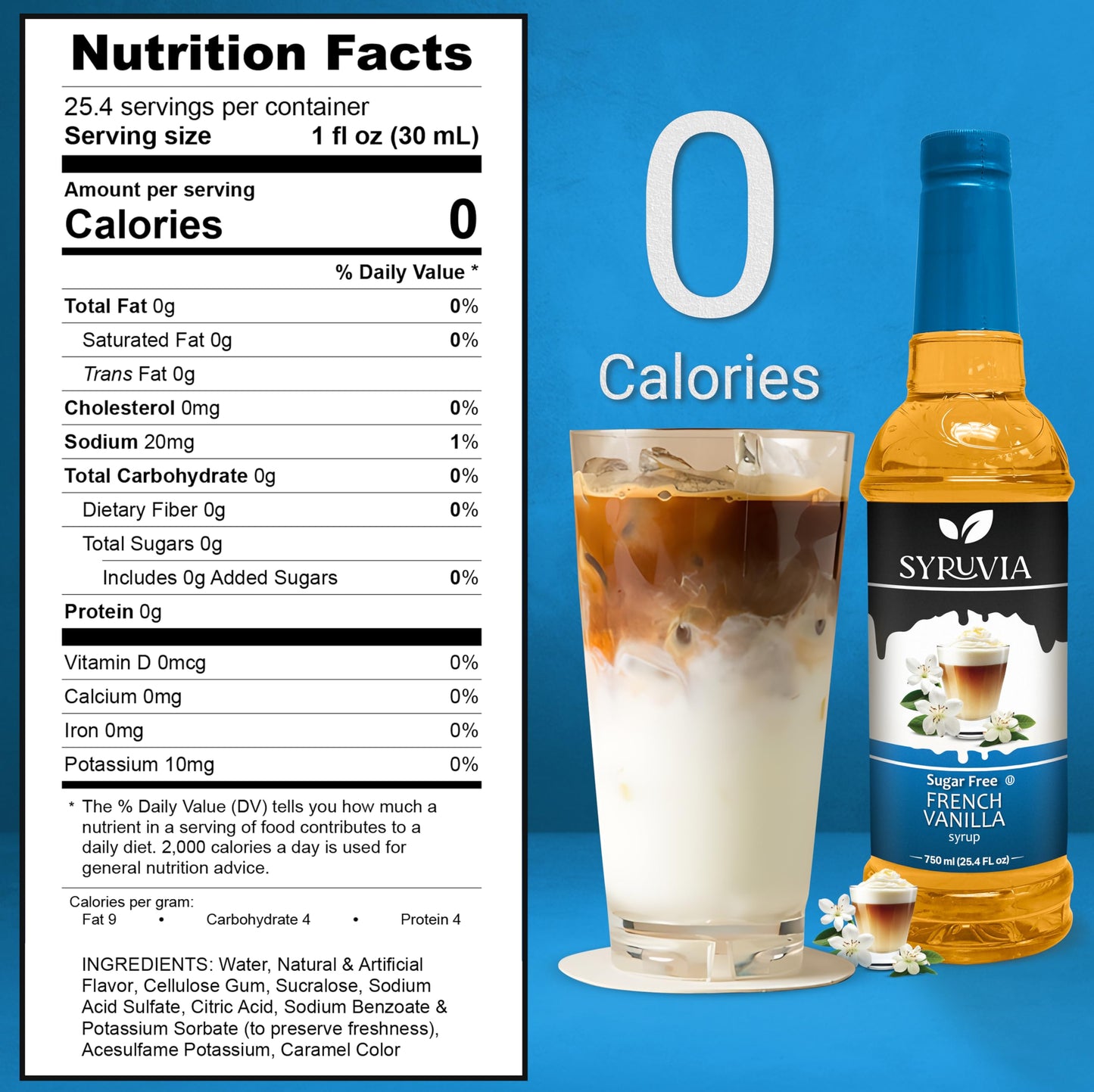Syruvia Sugar-Free French Vanilla Syrup - 25.4 Fl Oz. Premium Coffee Flavoring Syrup. 0 Calories, Kosher, And Gluten-Free. Perfe