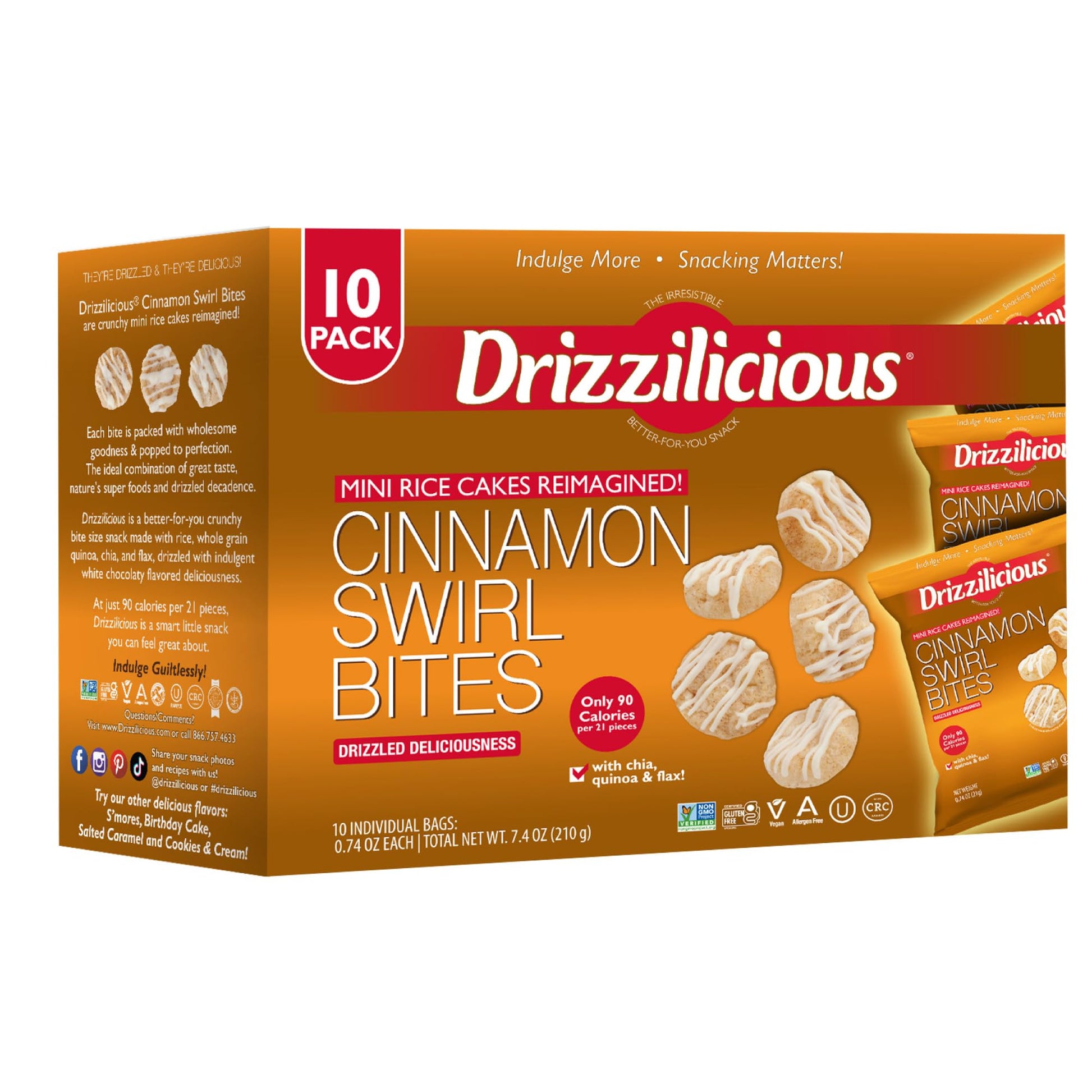 Drizzilicious Mini Rice Cakes, Cinnamon Swirl, Vegan, Gluten Free, 0.74 oz (Pack of 10)