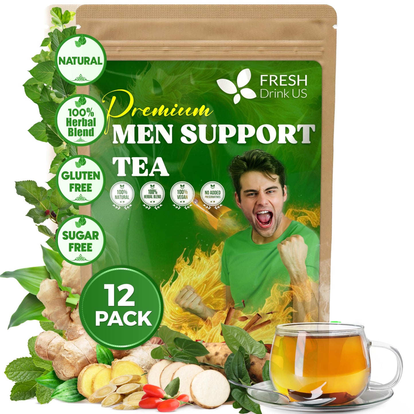 Freshdrinkus  12 Packs Of Top-Grade Herbal Men Support Tea - Flavor Blendseng Six Treasure Blend  9 Powerful Ingredients  10G/Bag - MenS Wellness Tea With Flavor Blendseng And Five Treasure Aid Root.