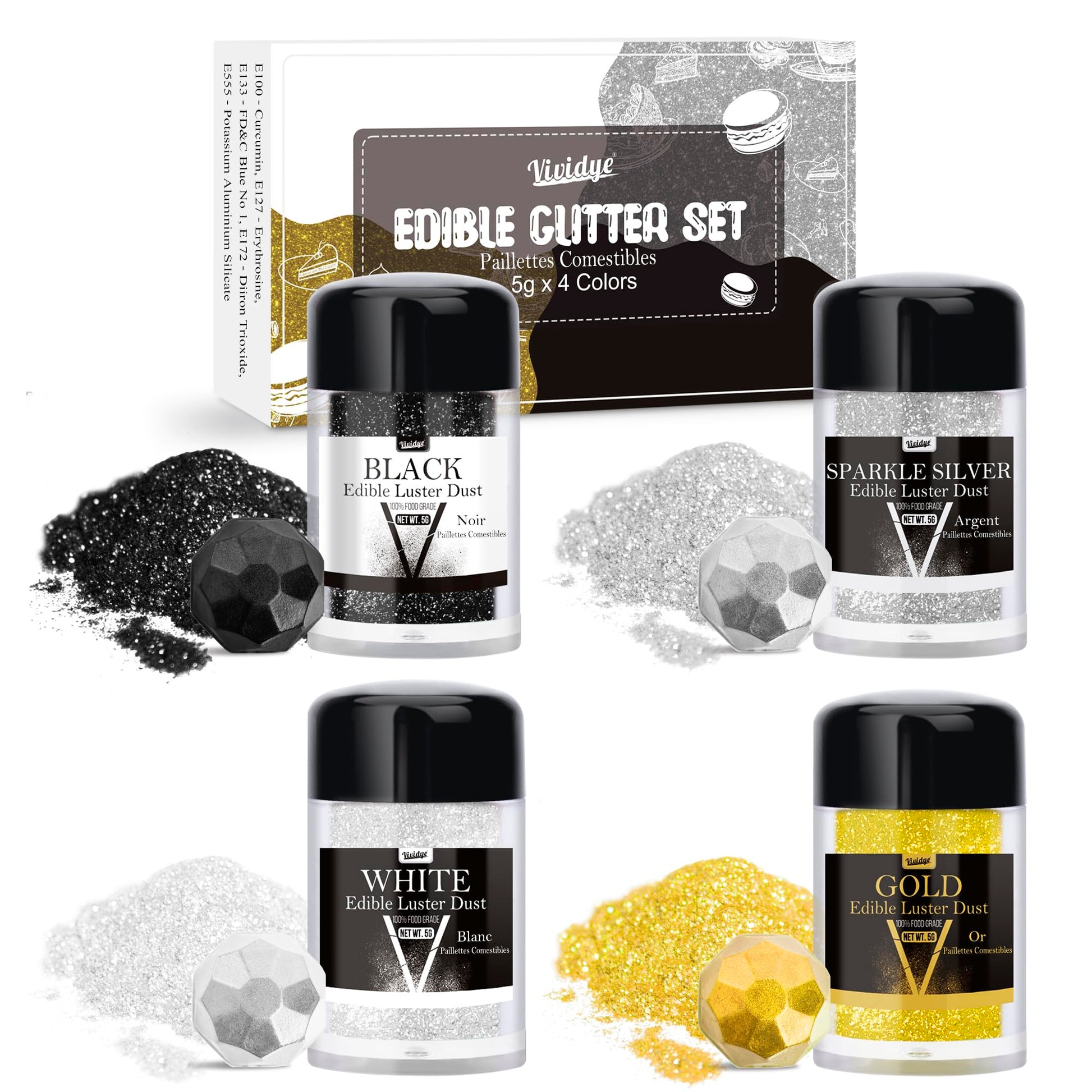 Vividye Edible Glitter - Luster Dust Powder for Drinks & Baking - 5g Bottles - 12 Colors