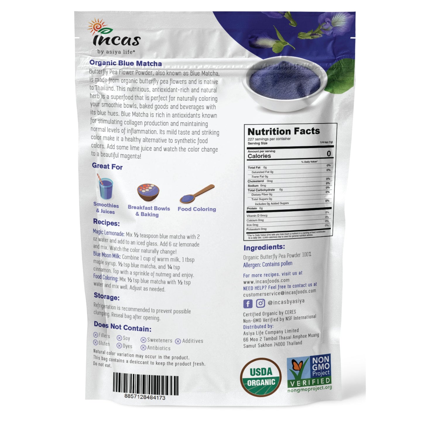 INCAS 100% USDA Organic Butterfly Pea Flower Powder - 8 Ounce | Organic Blue Matcha Tea | Non-GMO Verified Extract from Thailand | Adaptogenic Raw Culinary | Vegan Blue Food Coloring