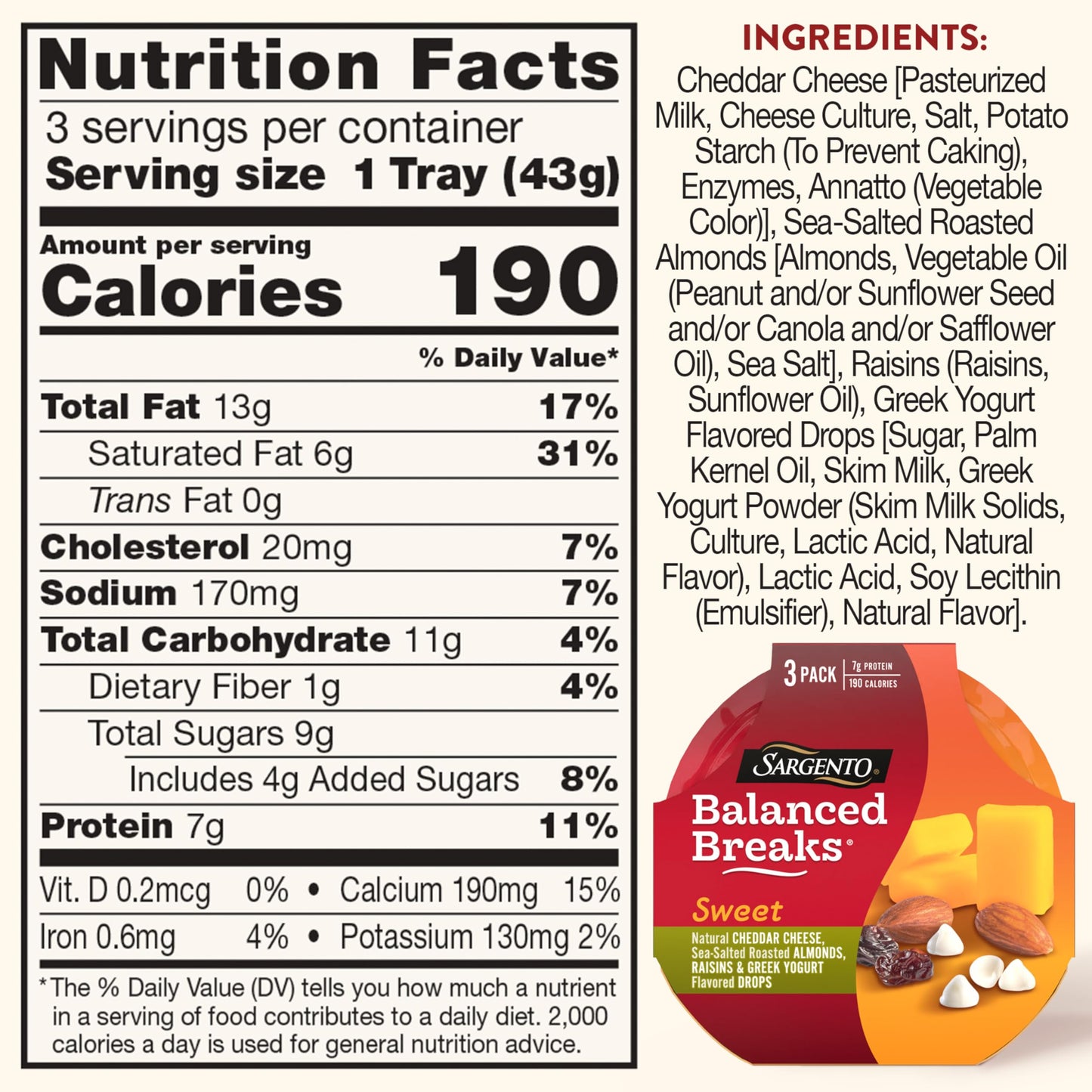 Sargento Sweet Balanced Breaks Natural Cheddar Cheese, Sea-Salted Roasted Almonds, Raisins and Greek Yogurt Flavored Drops Snack