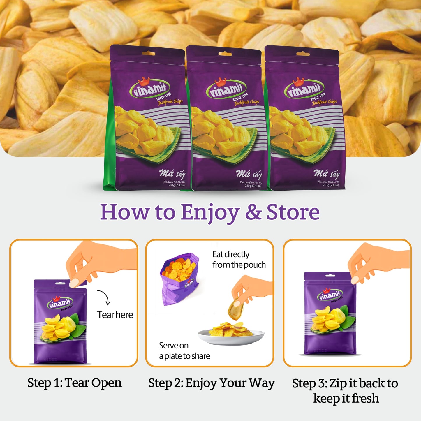 Vinamit Dried Jackfruit Chips | Vacuum Fried Dried Jackfruit | 7.4 oz Bag | Naturally Sweet & Crispy | Gluten-Free, Vegan, Non G