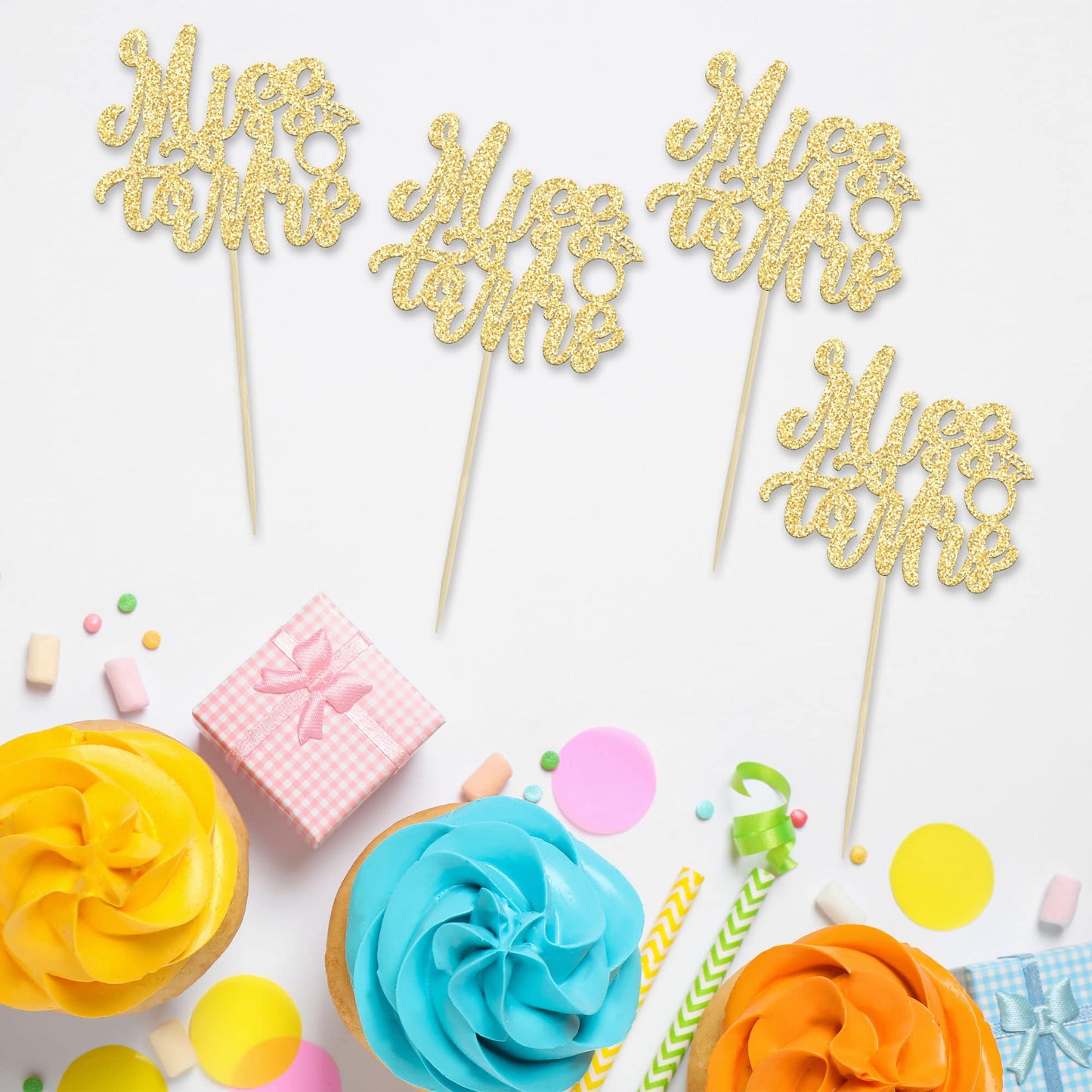 24Pcs Gold Glitter Miss To Mrs Cupcake Toppers Wedding Bridal Shower Cupcake Pick Decorations For Bridal Shower Wedding Engagement Bachelorette Party Supplies