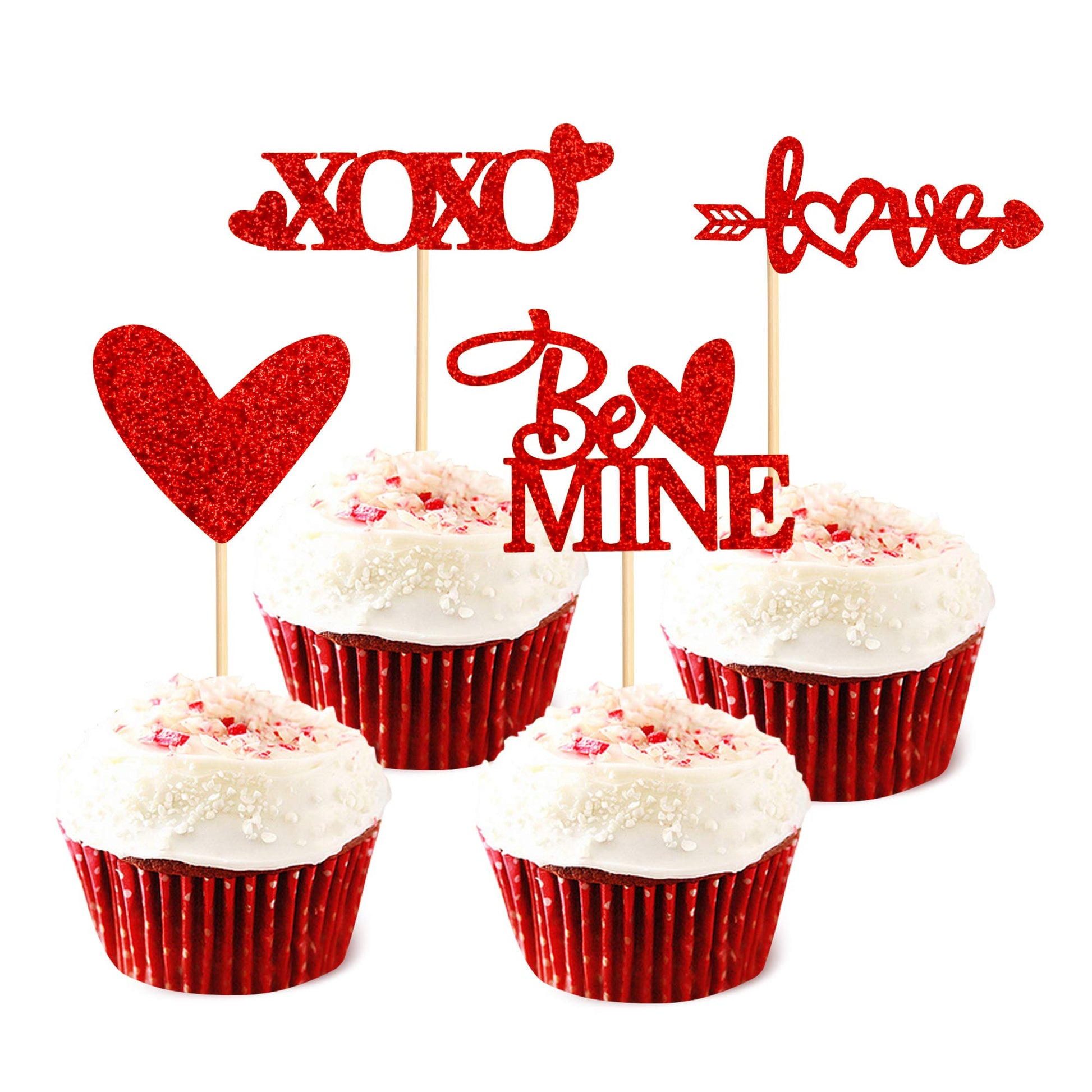 Ercaido 48 Pack Glitter Red Happy ValentineS Day Cupcake Toppers Love Xoxo Be Mine Cupcake Picks Valentine Birthday Wedding Engagement Bridal Shower Lover Party Cake Decorations